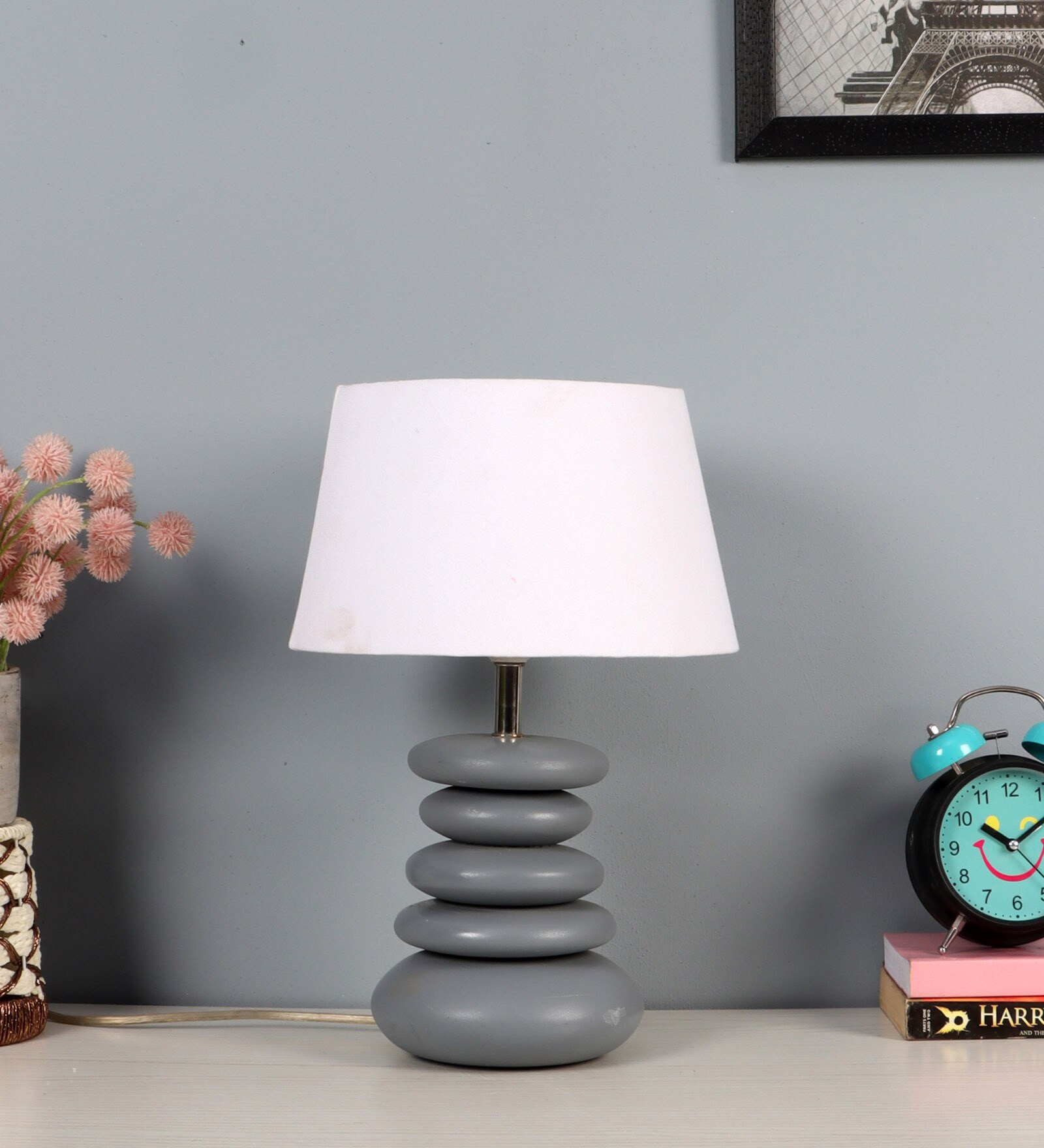 White Iron & Cloth Shade Tablel Lamp With Grey Base