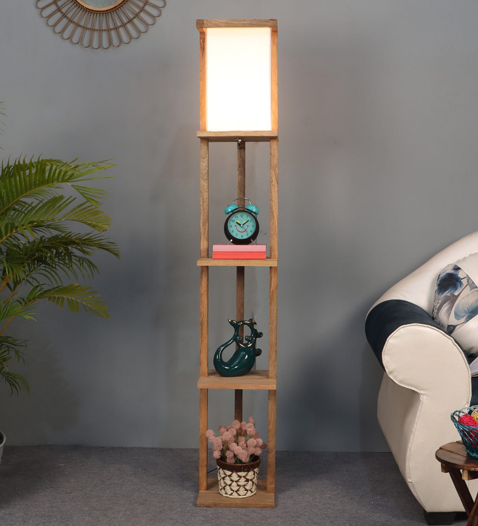 Damien White Cloth Shade Shelf Floor Lamp With Mango wood Base