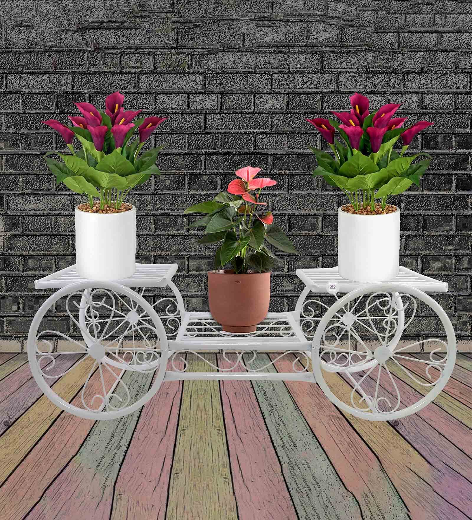 White Iron Hand Cart Shaped Planter Stand