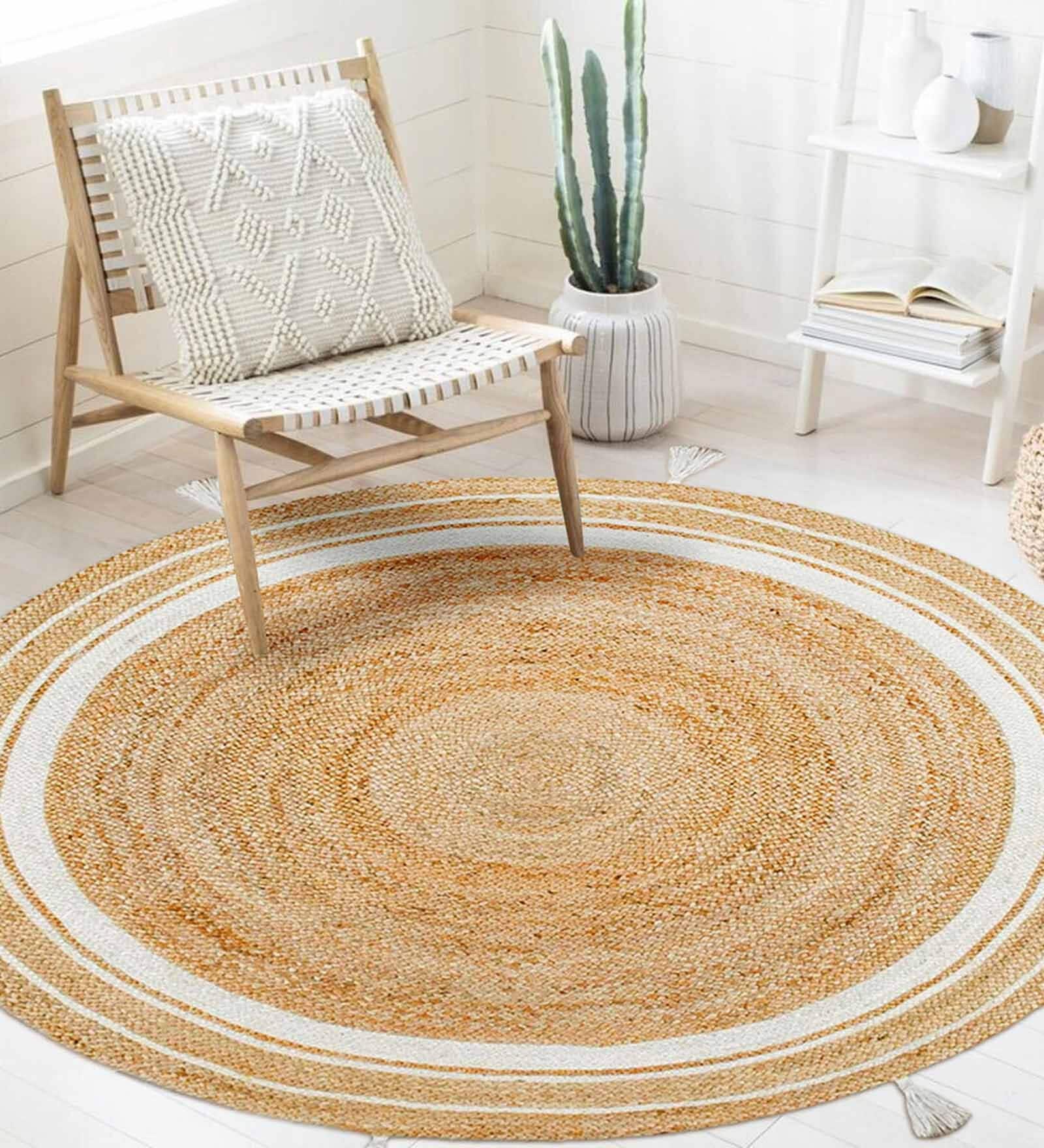 White Jute 3 Feet Round Carpet with Pompoms