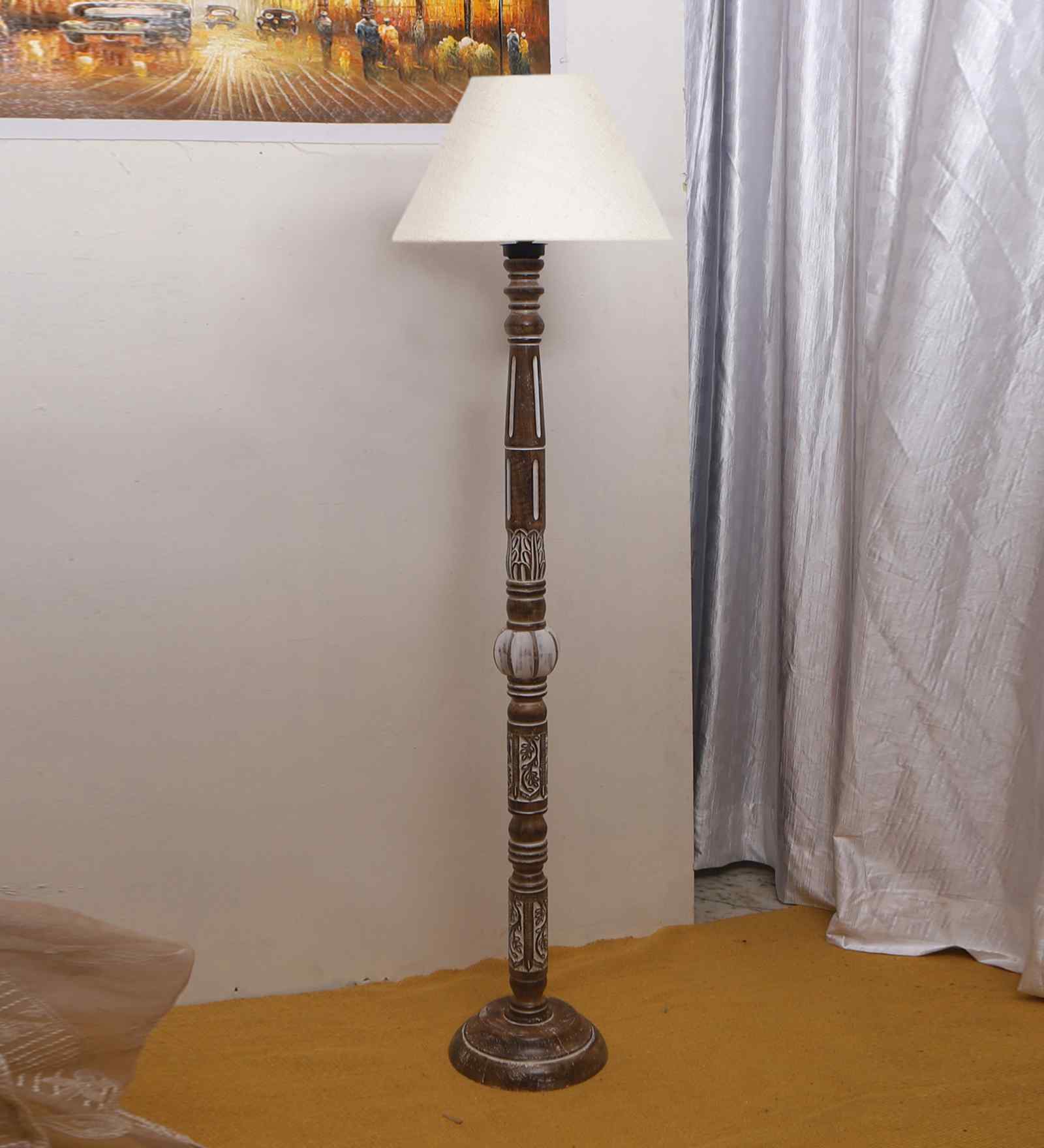 White Jute Conical Wooden Floor Lamp