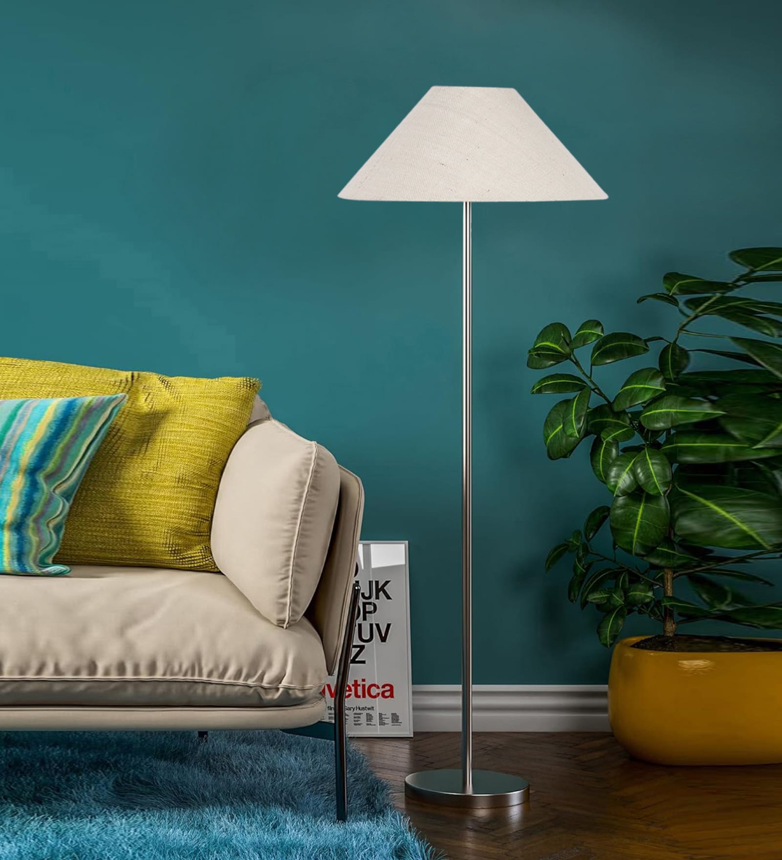 White Jute Coolie Shade Floor Lamp Steel Base