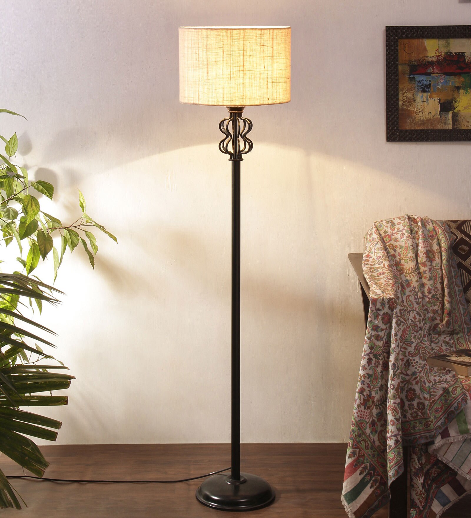 Buy White Jute Shade Floor Lamp with Black Base by New Era Online