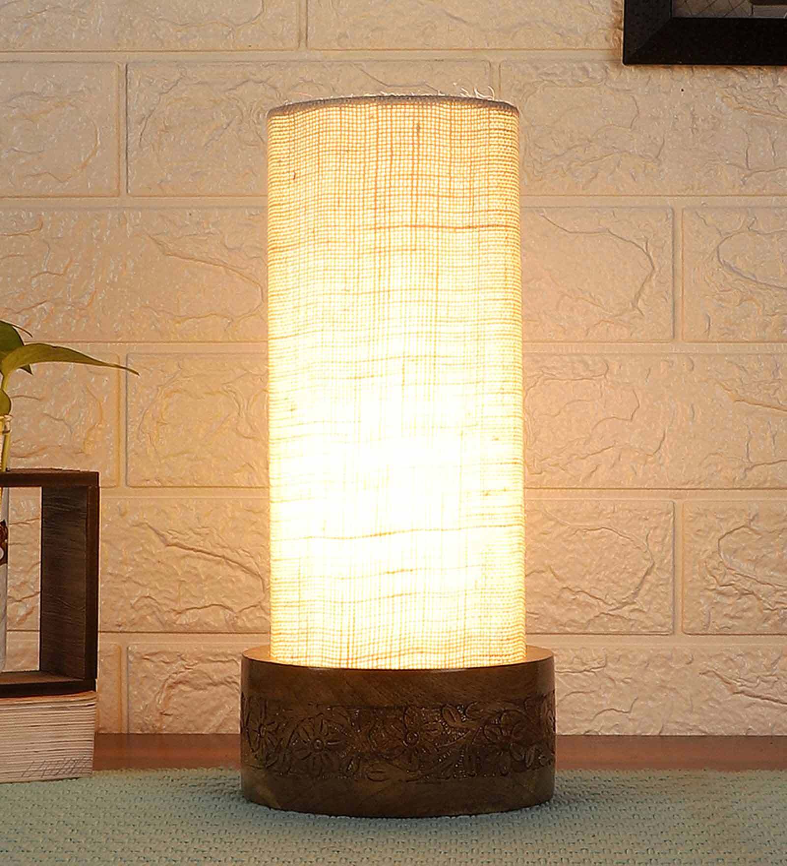 White Jute Shade Table Lamp With Wood Base