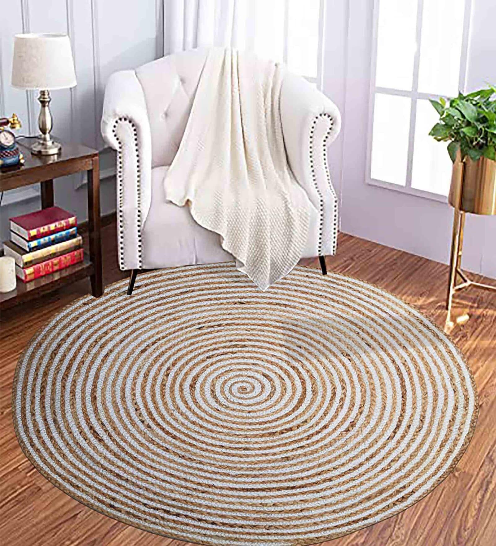 White Geometric Jute 3 ft x 3 ft Hand Woven Round Carpet