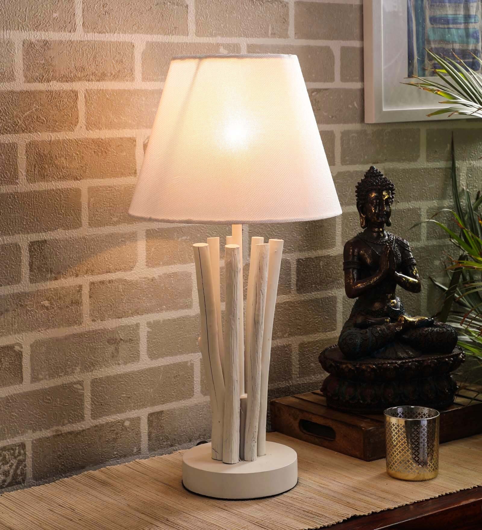 White Fabric Shade Table Lamp with White Base
