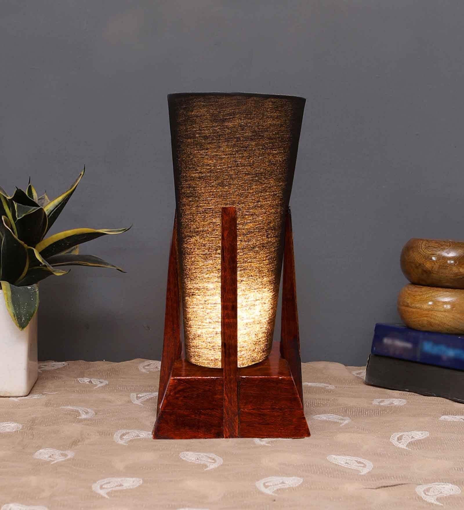 White Jute Table Lamp With Wood Base