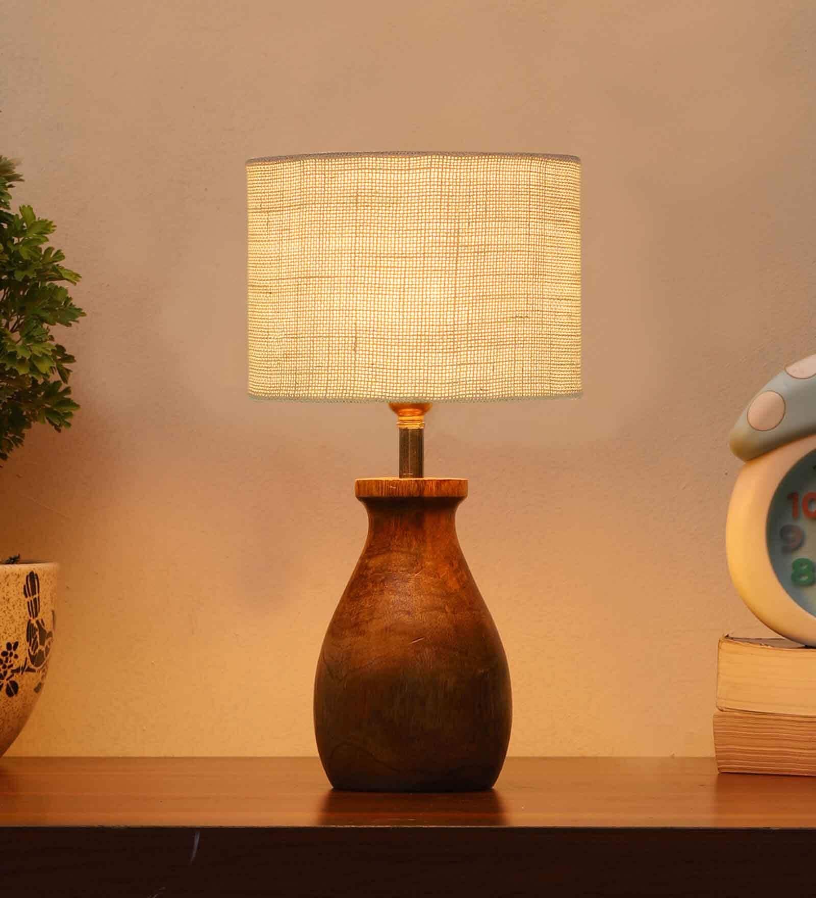 White Jute Table Lamp With Wood Base