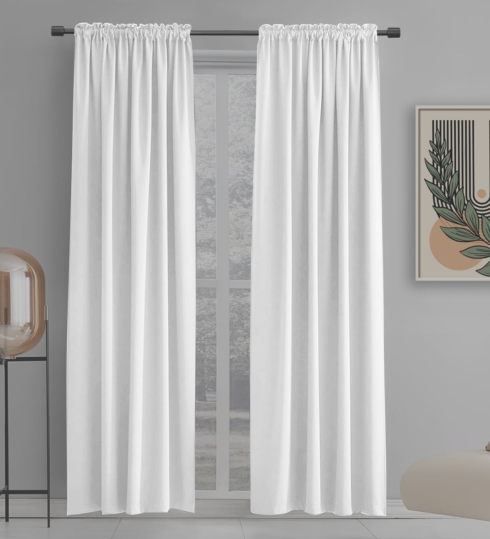 White lightweight Satin Solids 9ft Light Filtering Rod Pocket Long Curtains (2 Pcs)