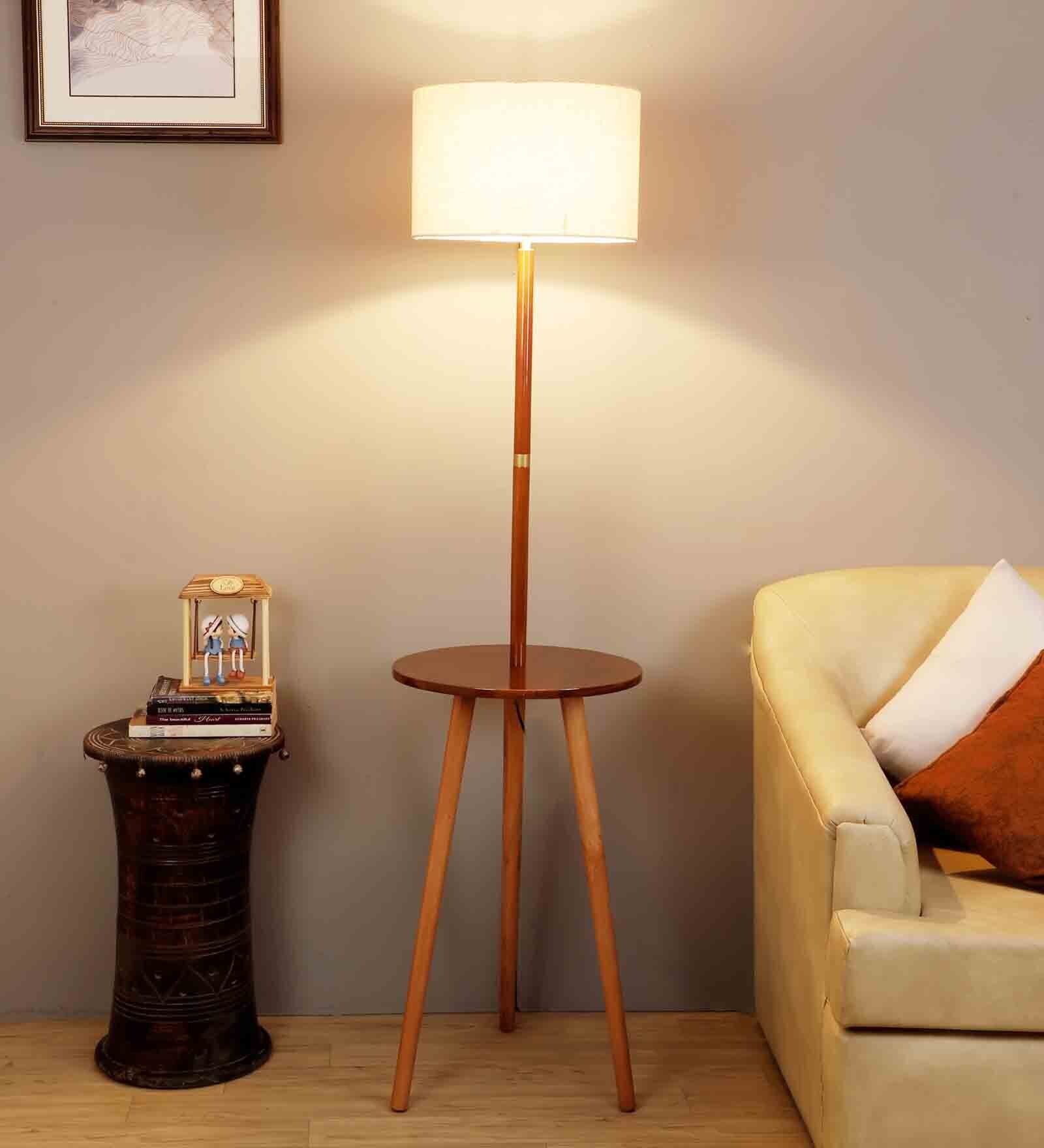 White Linen Shade  Floor Lamp With Brown Base