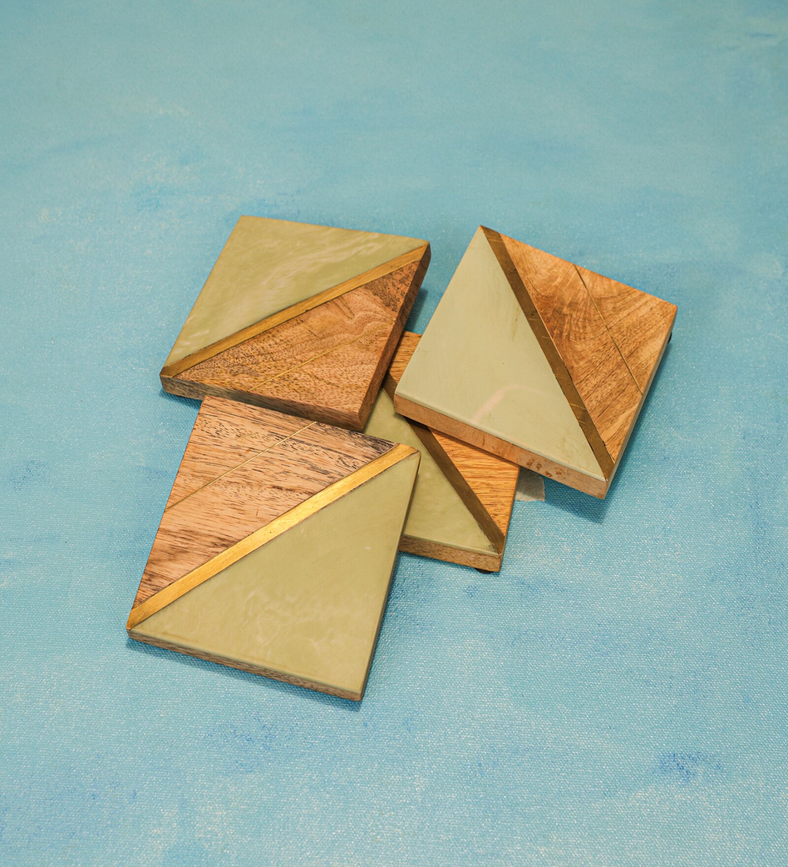 White Mango Wood (Set of 4) Resin & Brass Coasters