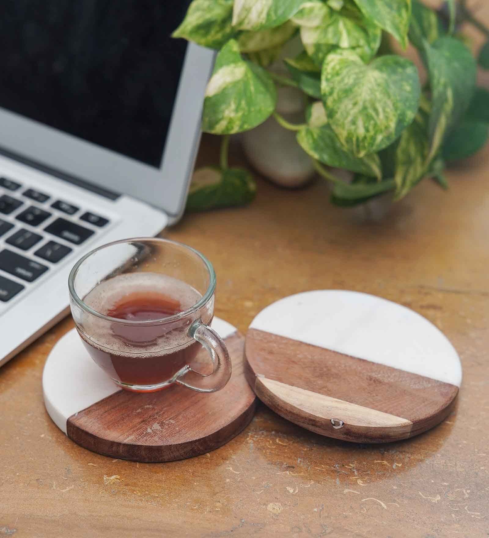 White Marble and Wood Set of 2 Table Coasters