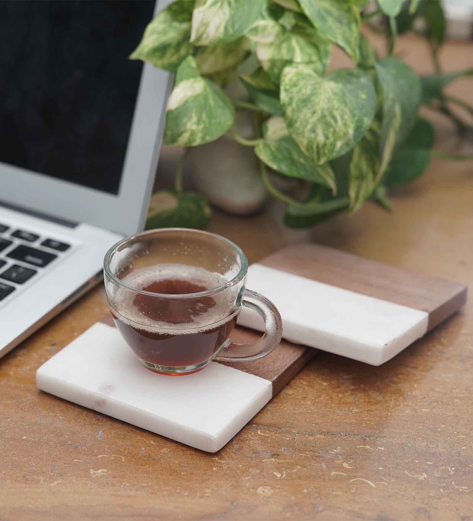 White Marble and Wood Set of 2 Table Coasters