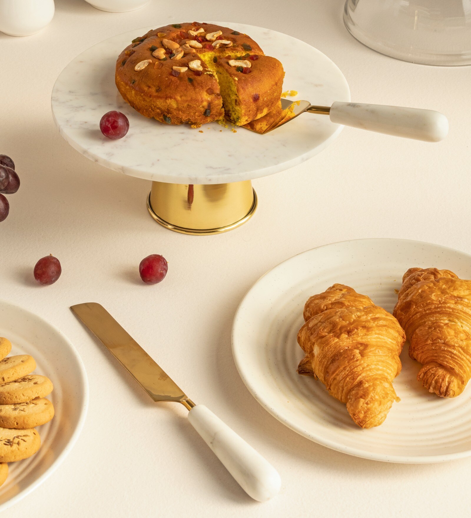 White Marble Cake Stand With Knife & Server Set