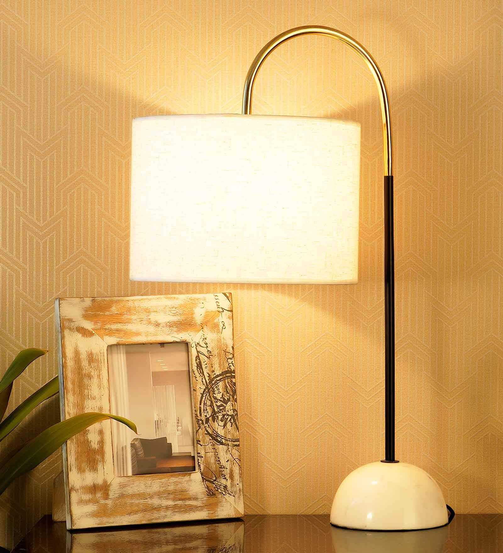 Emilia Beige Cotton Shade Night Lamp With Marble & Metal Base