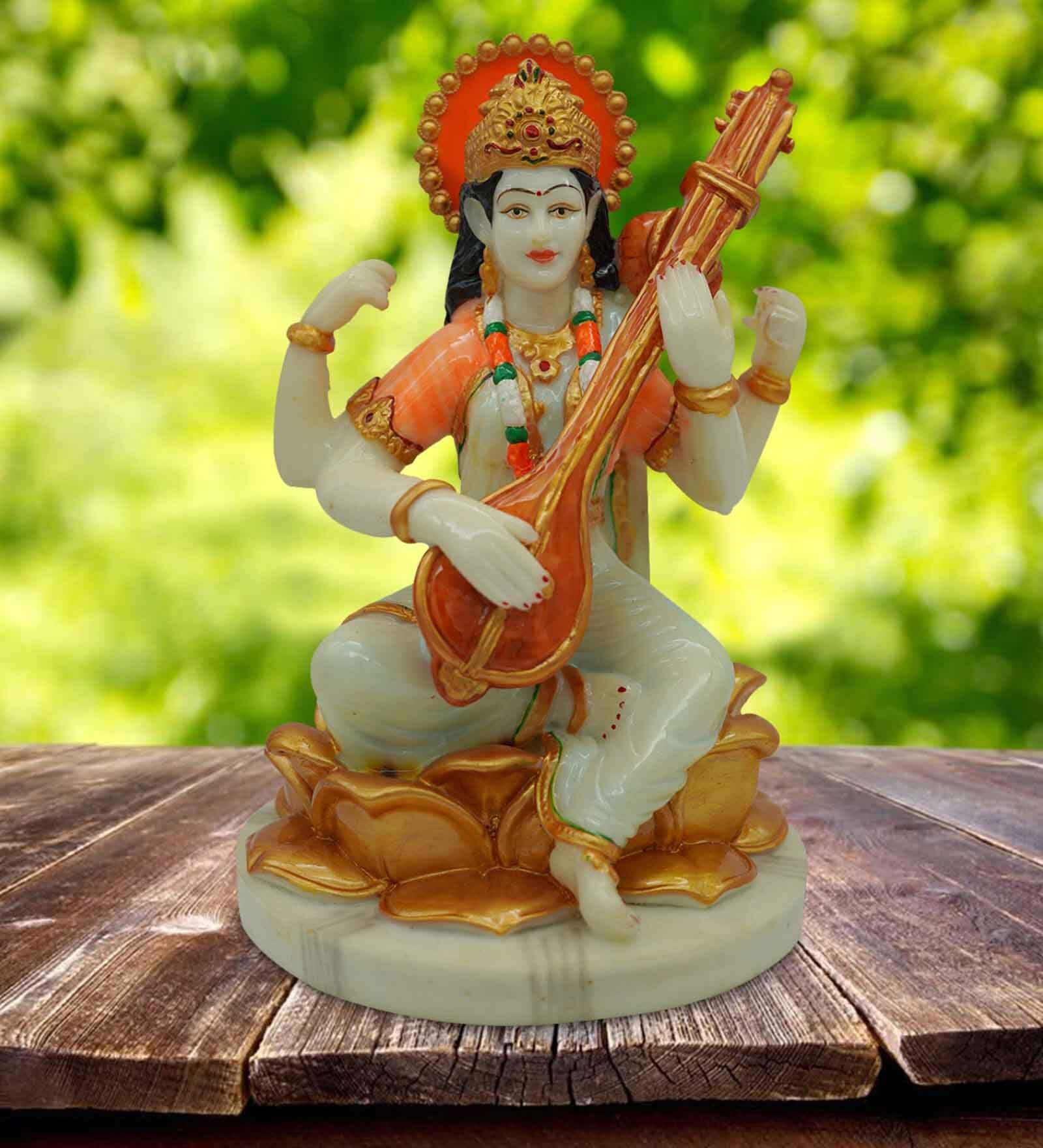 White Marble Handpainted Goddess Mata Saraswati Idol