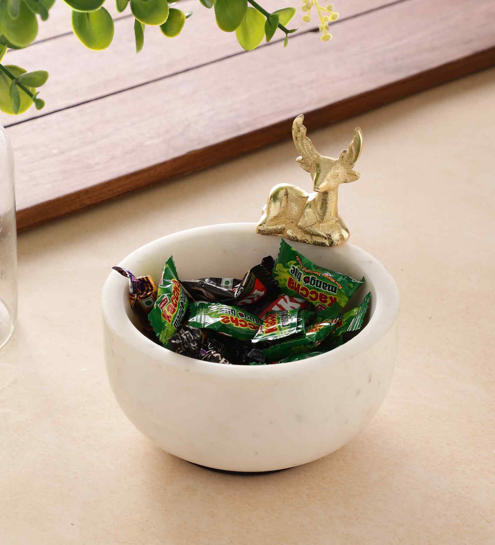 White Marble Nut Candy Bowl Brass Antler Embedded