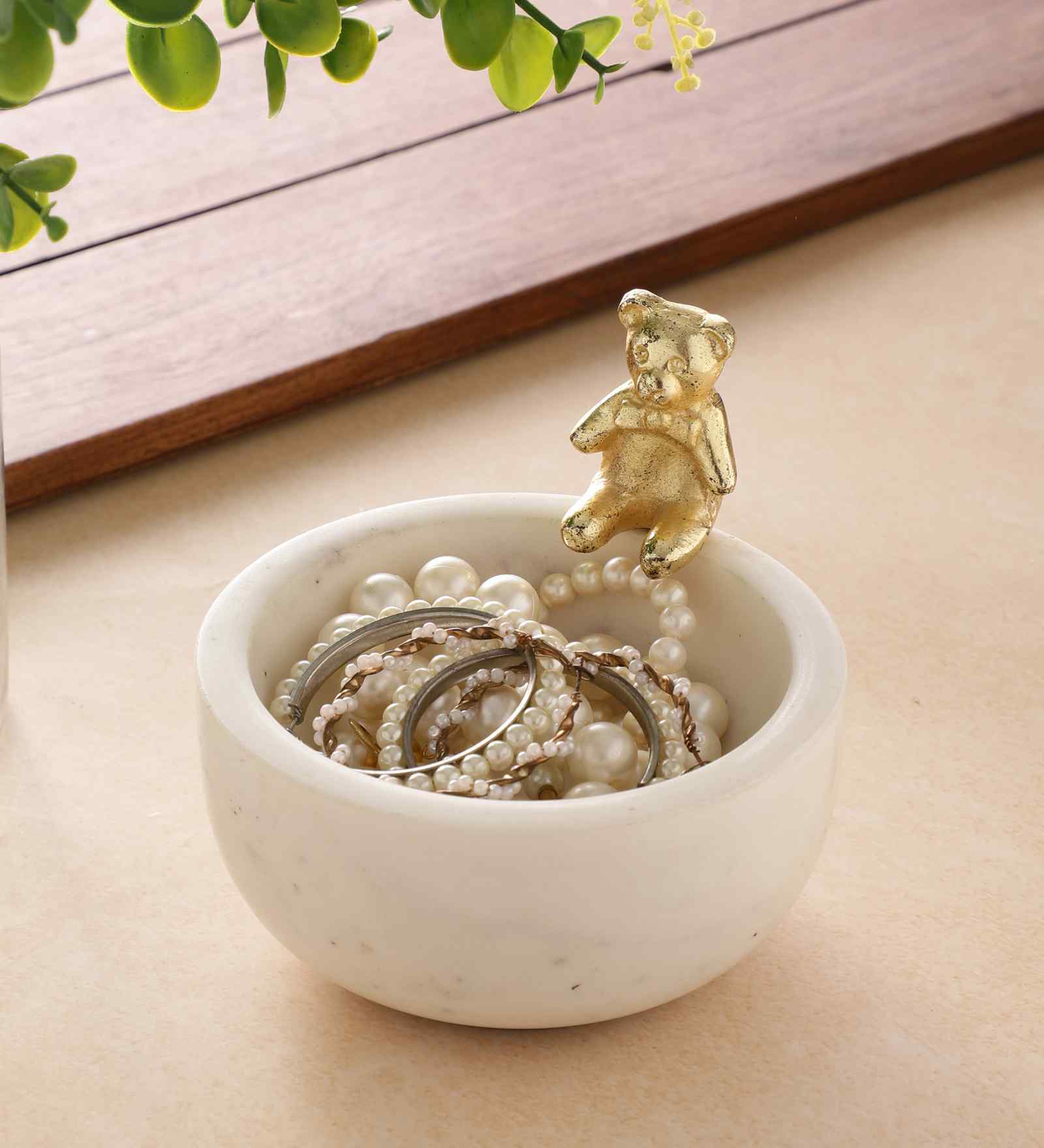 White Marble Nut Candy Bowl Brass Teddy Embedded