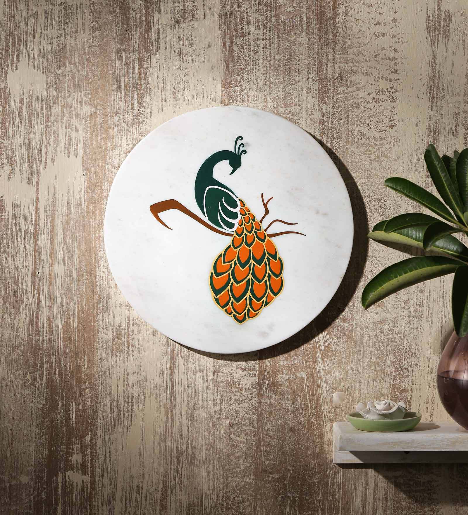 White Marble Peacock Hand Painted Wall Accent