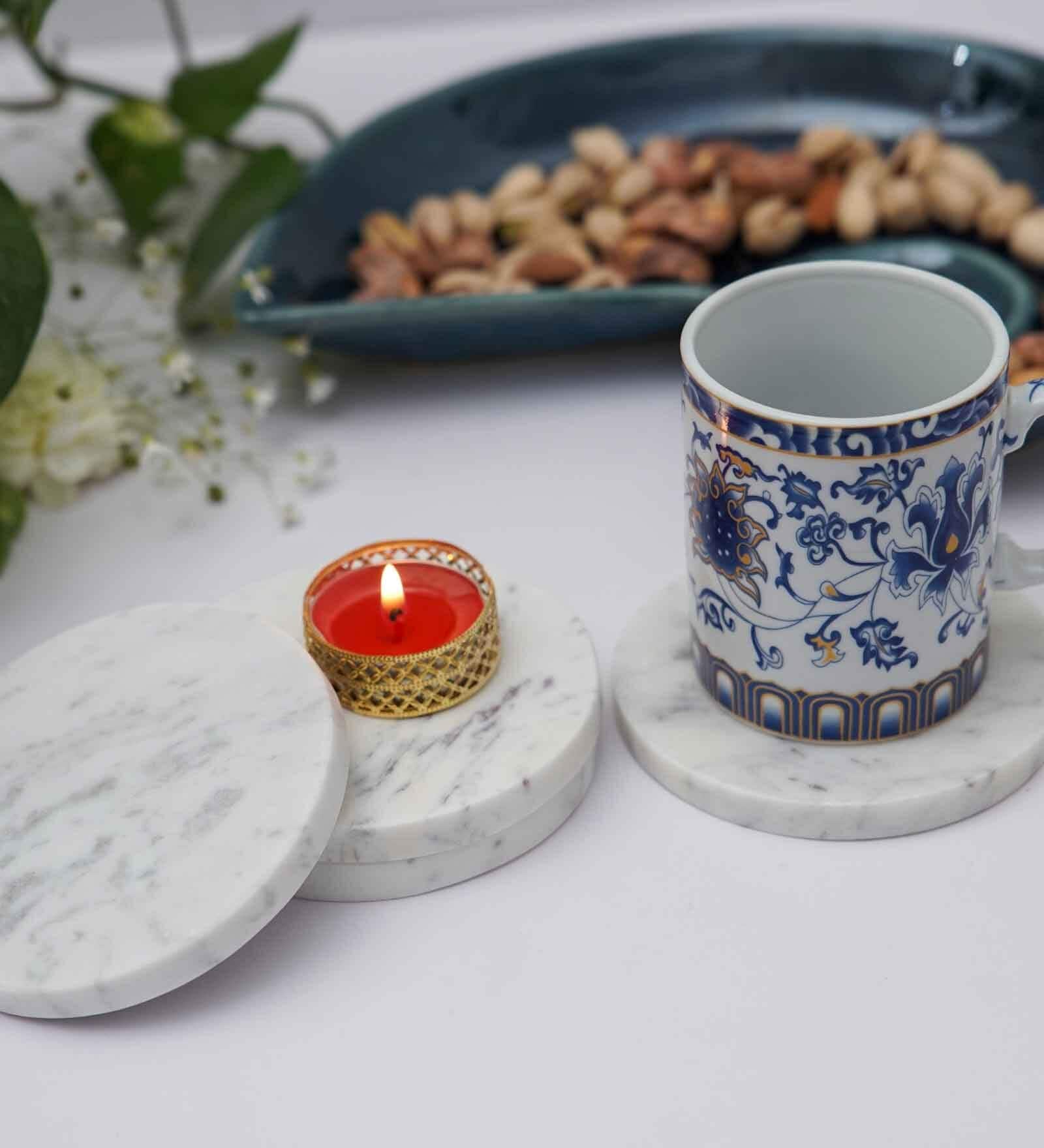 White Marble Plain Coaster Set of 4 Round for Hot & Cold Drinks