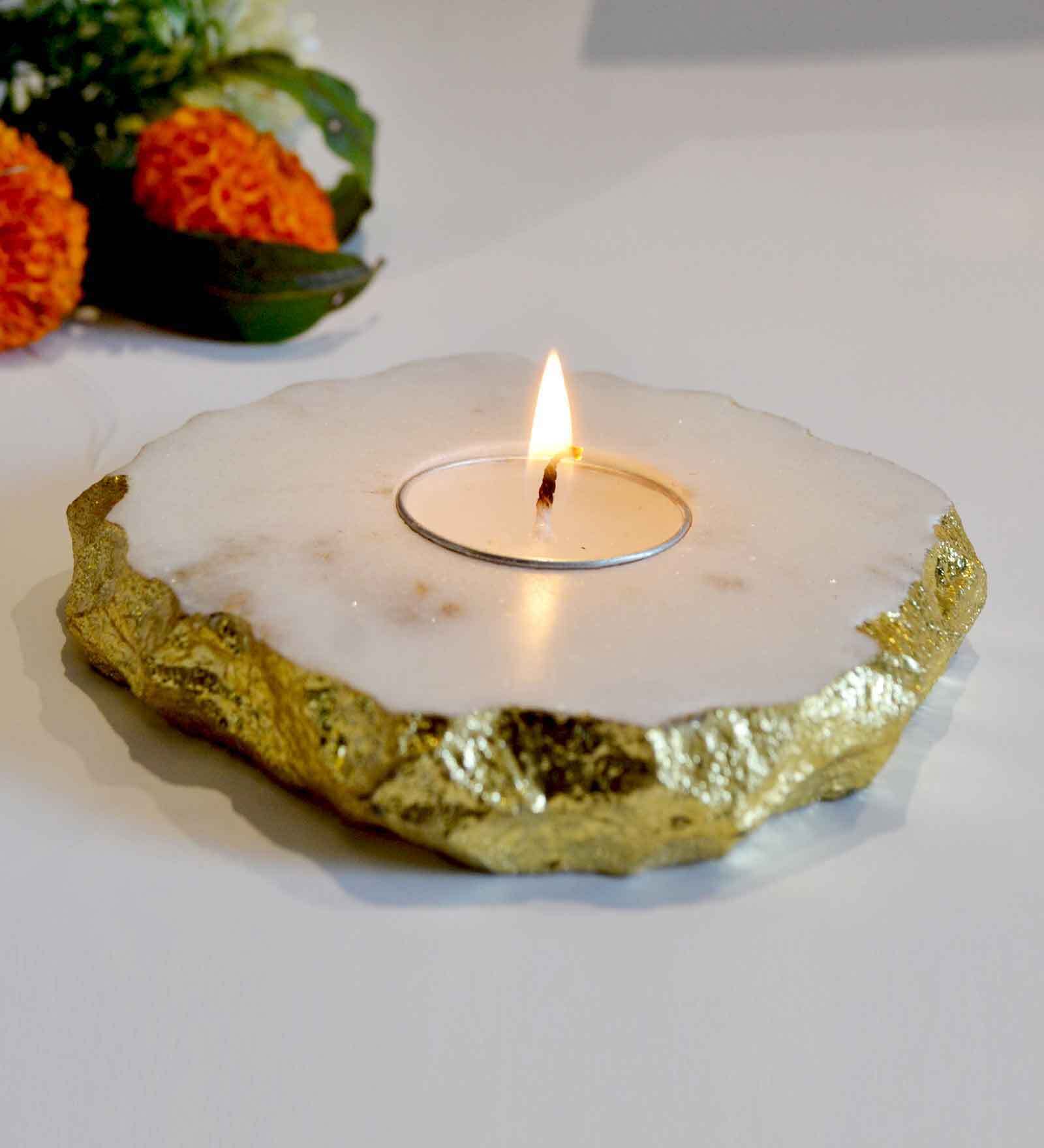 White Marble Table Tealight Holder With Candles