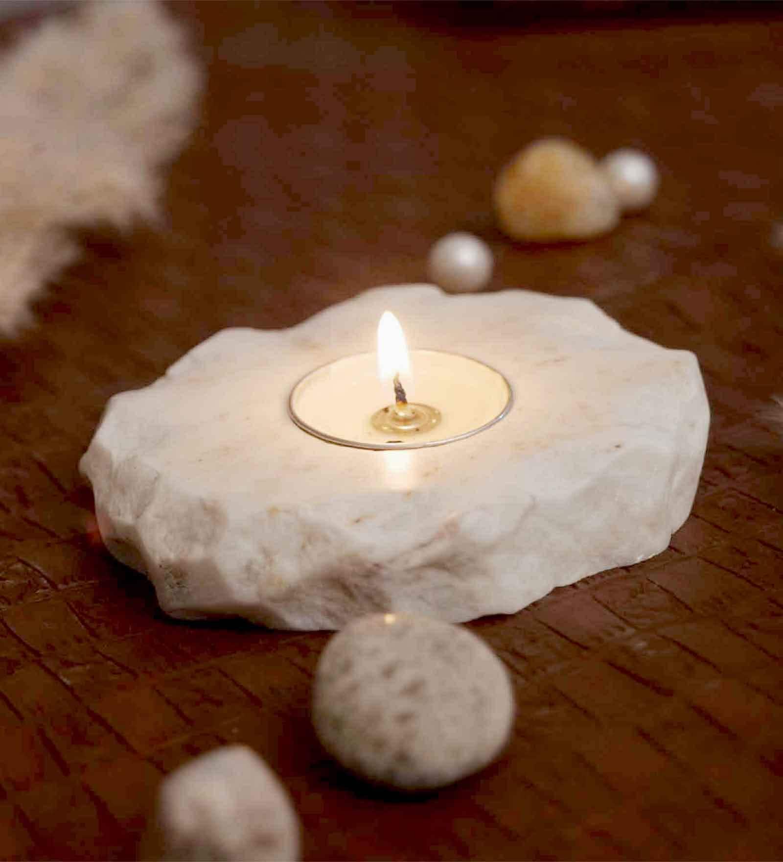 White Marble Table Tealight Holder With Candles