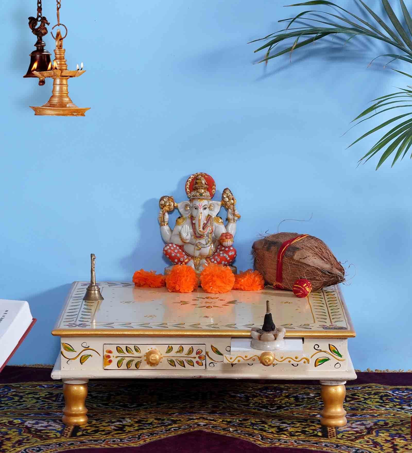 White MDF & Sheesham Wooden Pooja Chowki with Drawer