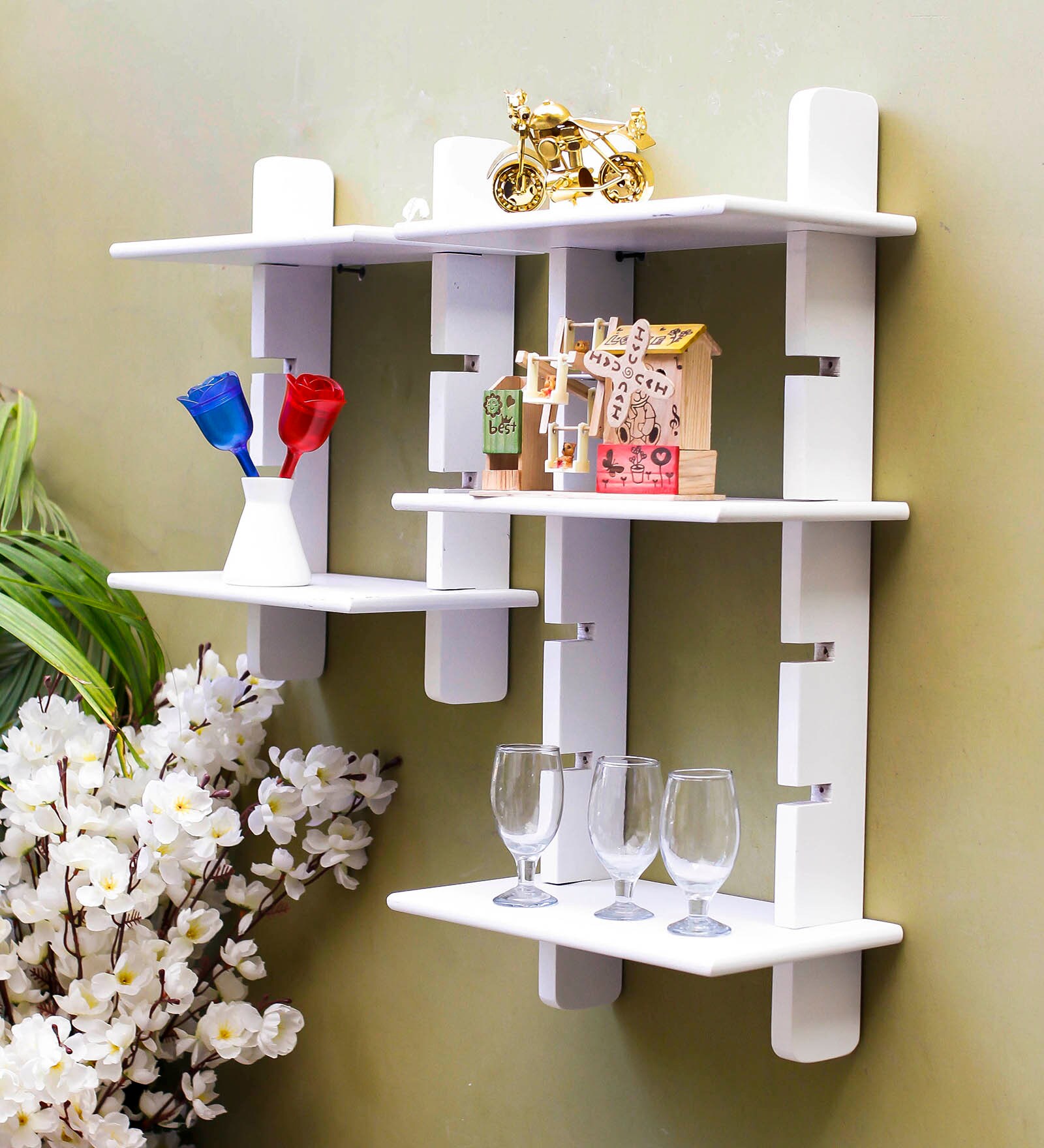 Buy Engineered Wood Ladder Floating Wall Shelf in White Colour by