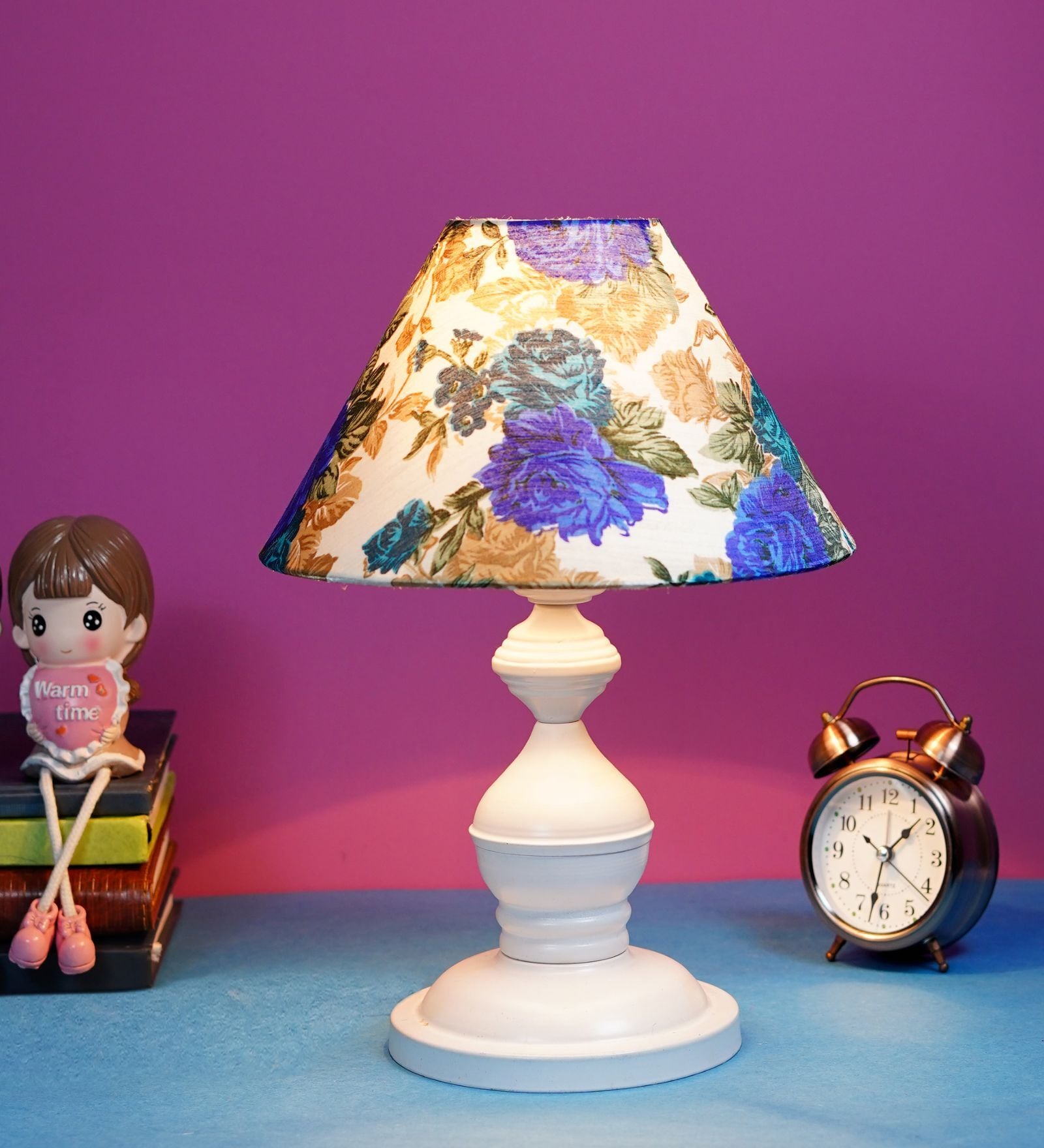 White Metal & Cotton Blue & White Colour Table Lamp