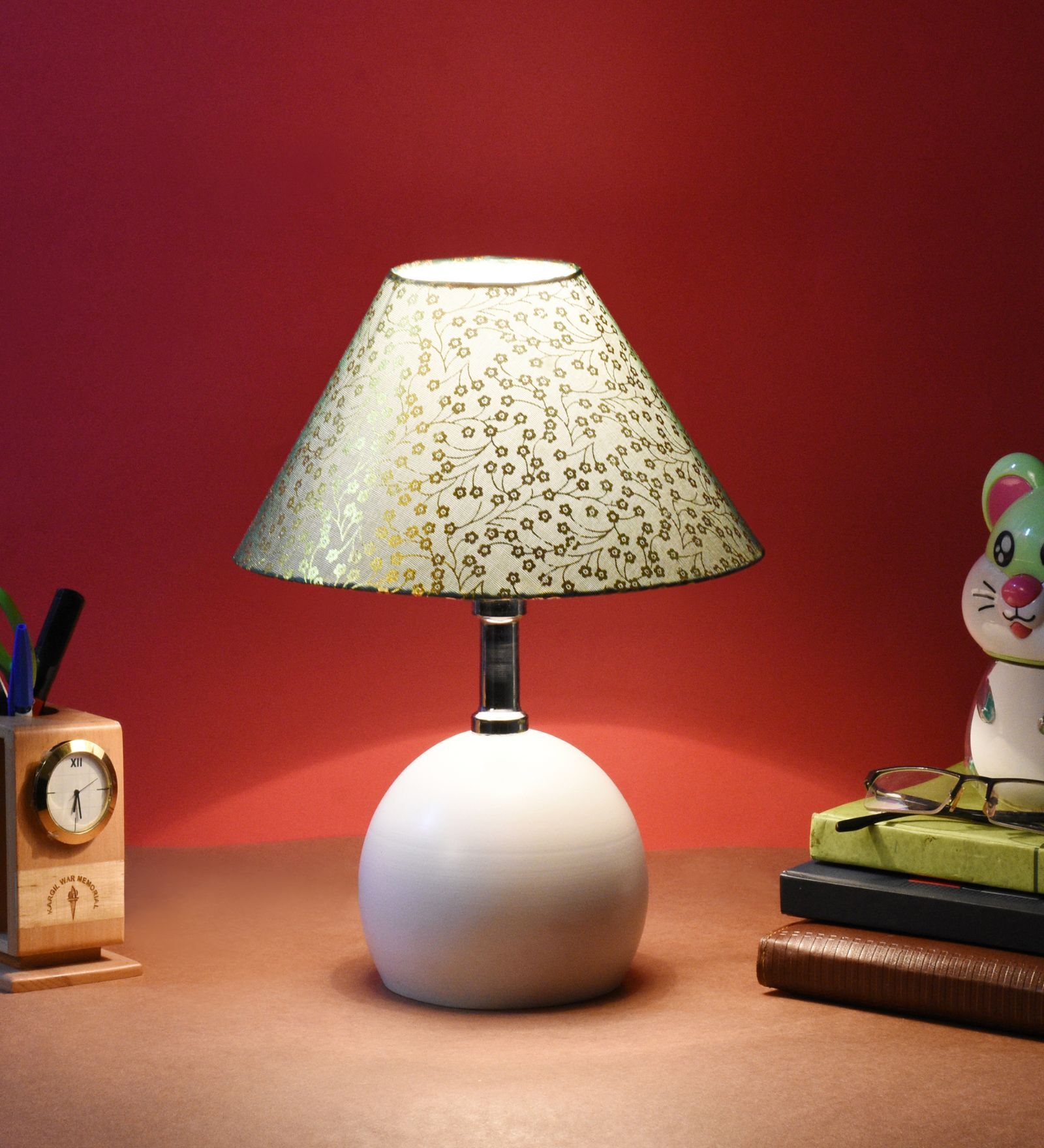 White Metal & Cotton Green & Gold Colour Table Lamp