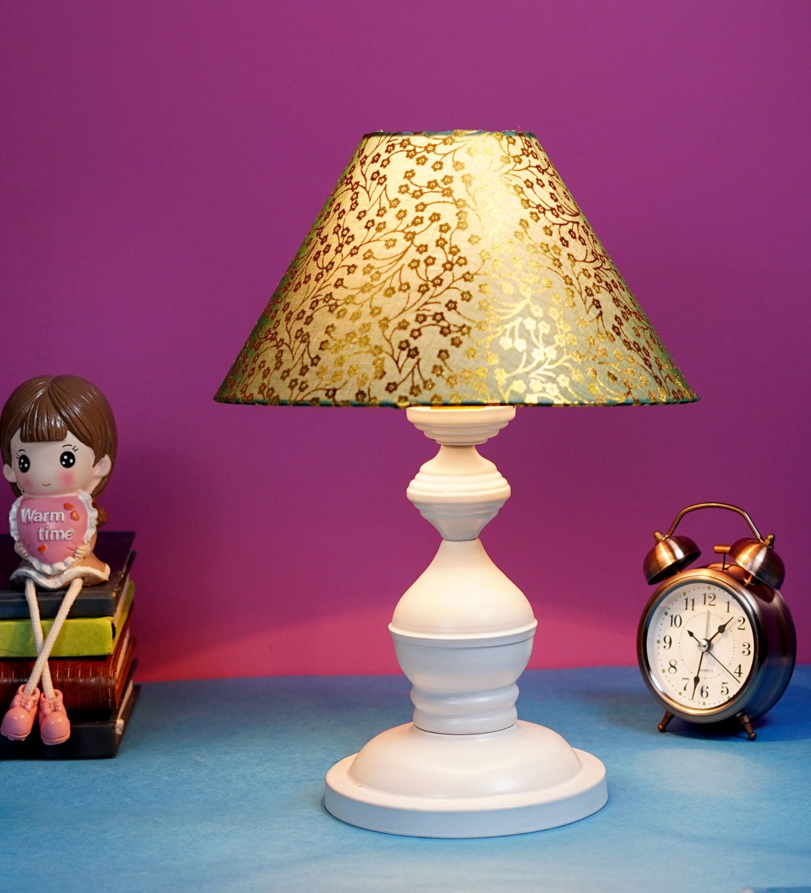 White Metal & Cotton Green & Gold Colour Table Lamp