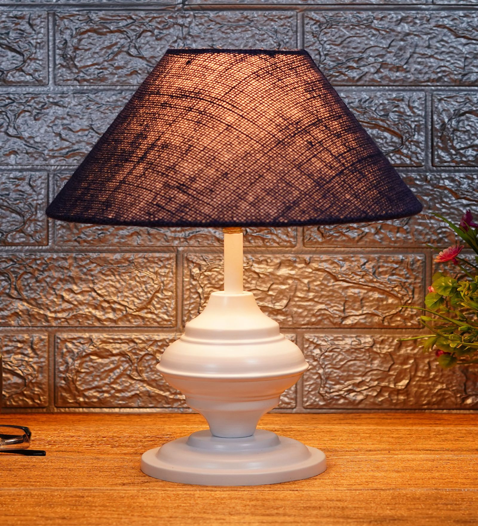 White Metal & Natural Fiber Blue Colour Table Lamp