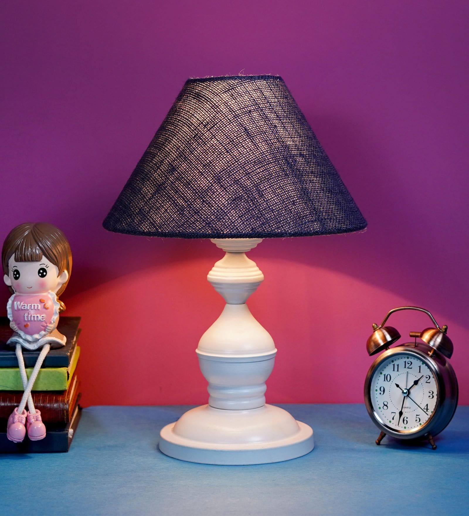 White Metal & Natural Fiber Blue Colour Table Lamp White Metal & Natural Fiber Blue Colour Table Lamp