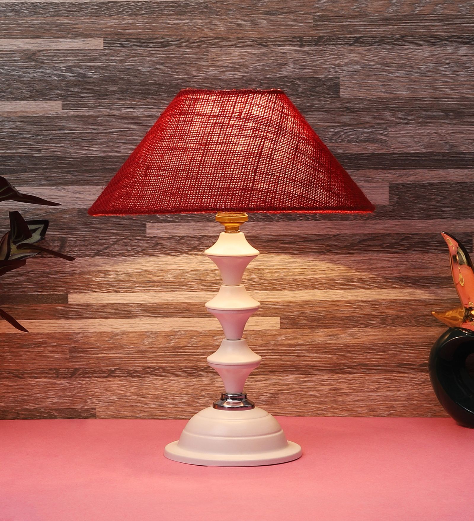 White Metal & Natural Fiber Maroon Colour Table Lamp White Metal & Natural Fiber Maroon Colour Table Lamp