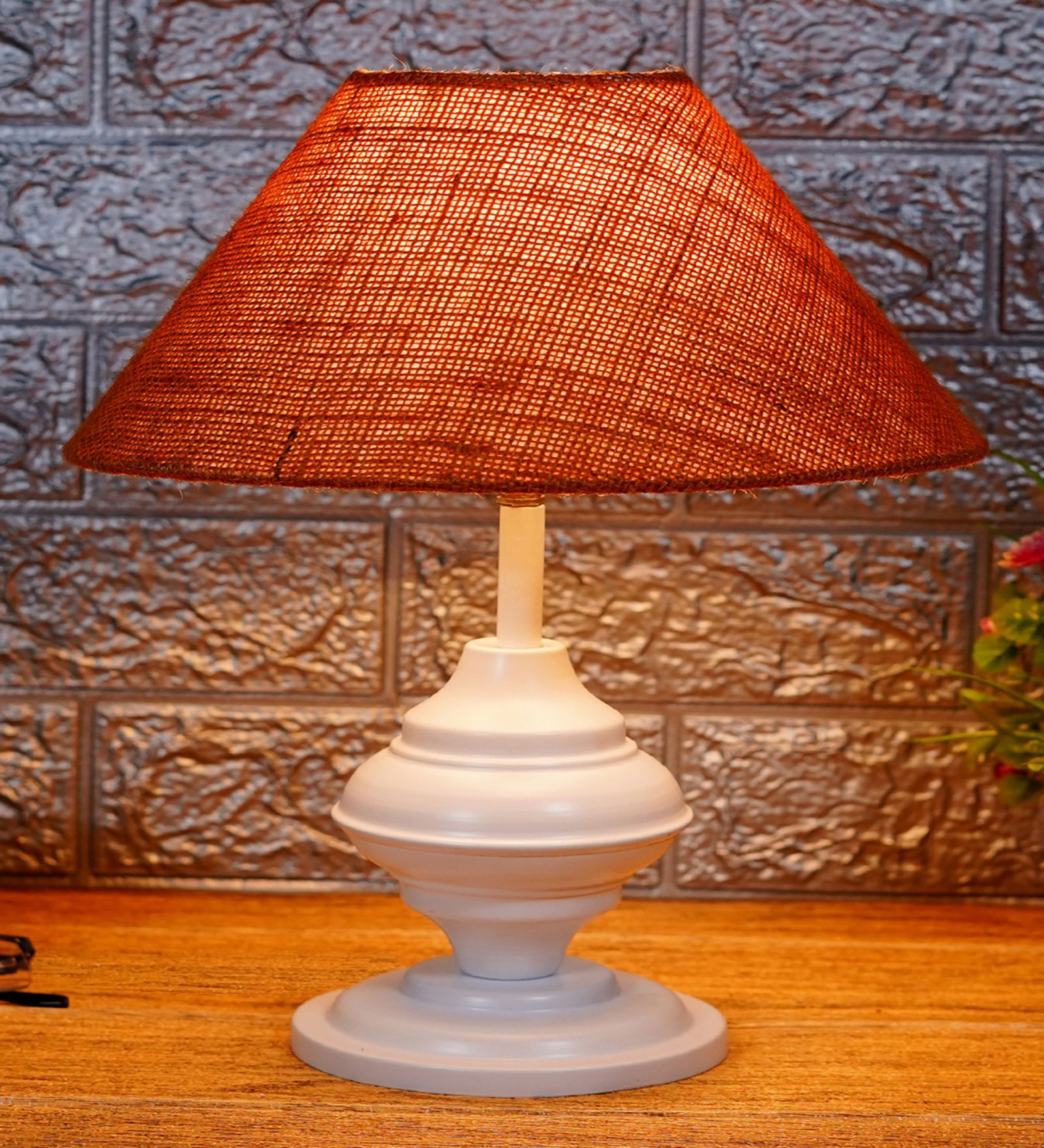 White Metal & Natural Fiber Mustard Colour Table Lamp