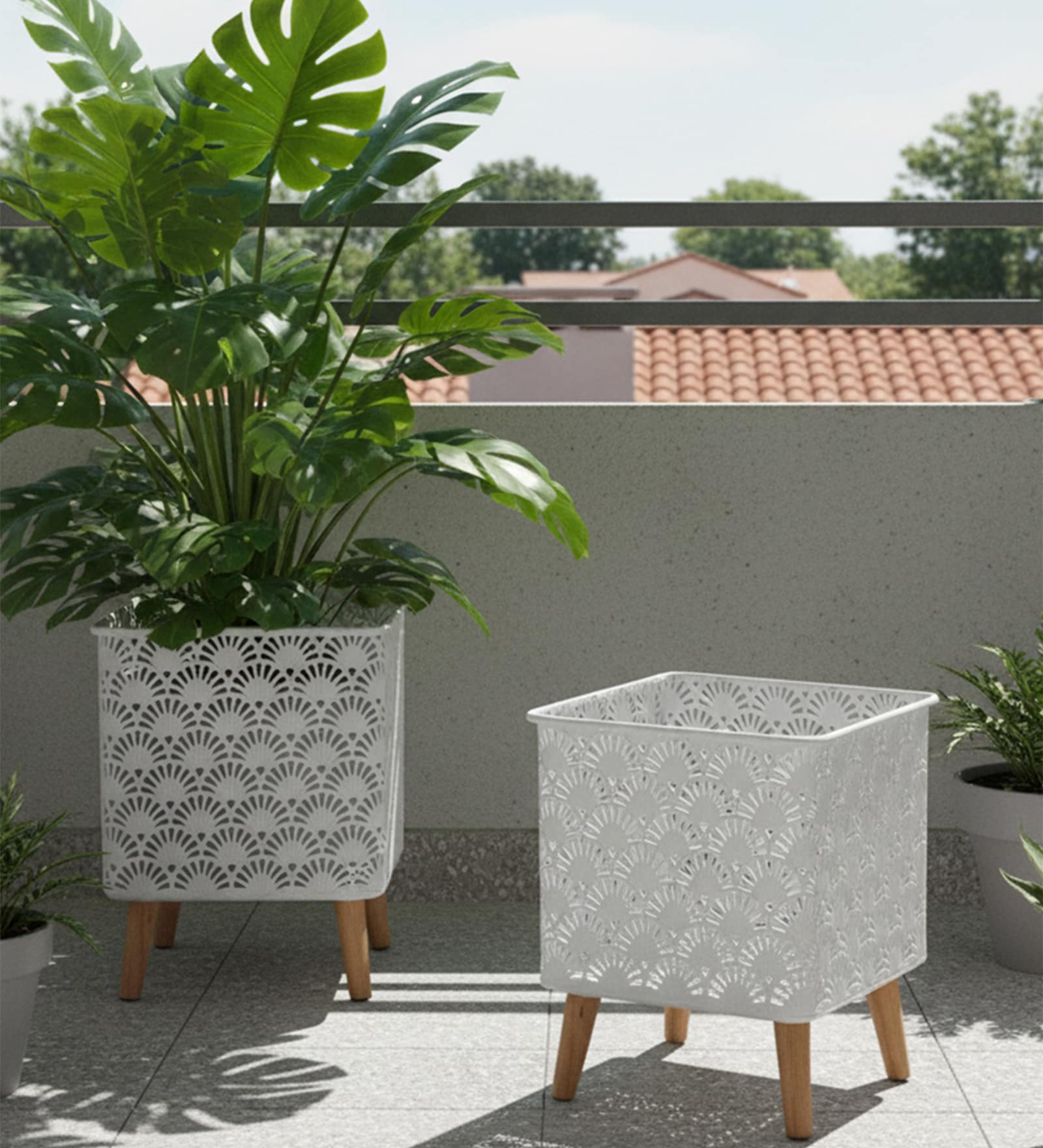 White Metal And Wood Square Planter