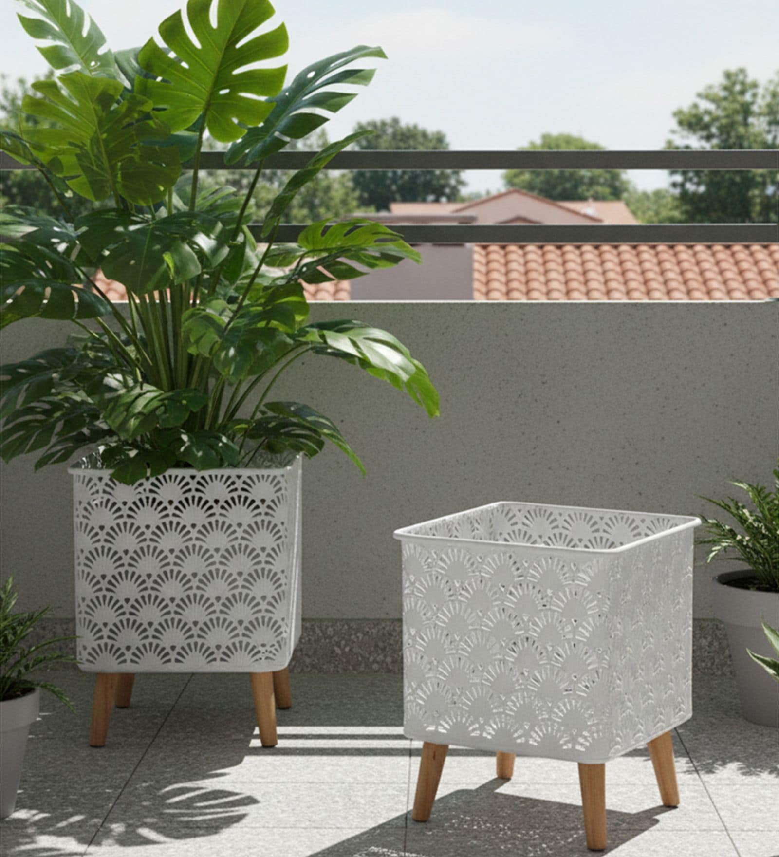 White Metal And Wood Square Planter