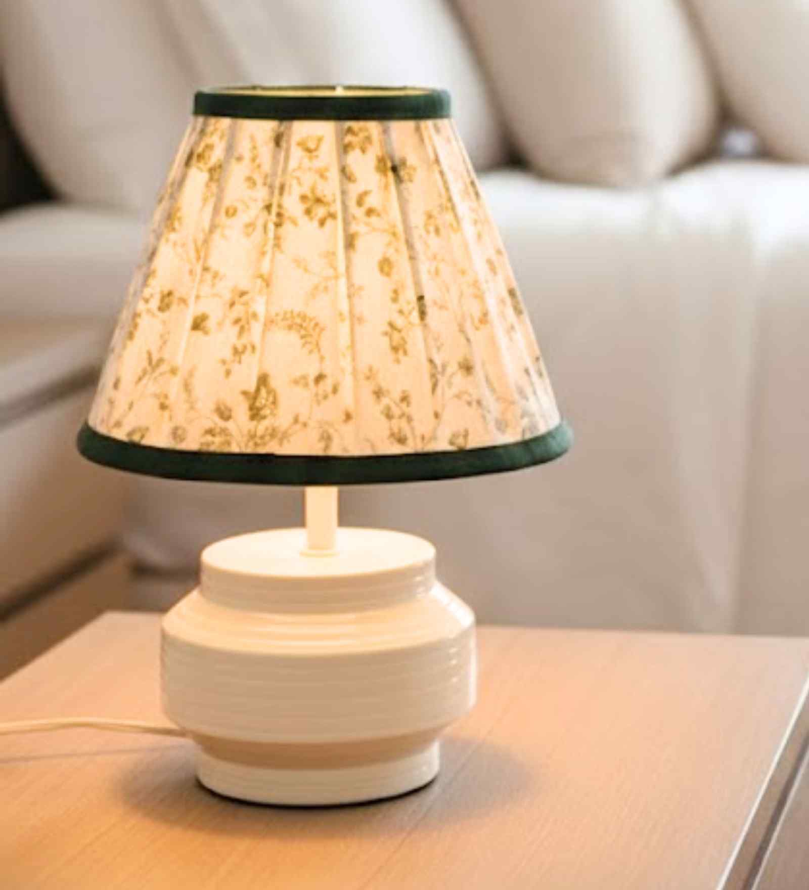 White Metal Base with Green Floral Fabric Shade Table Lamp