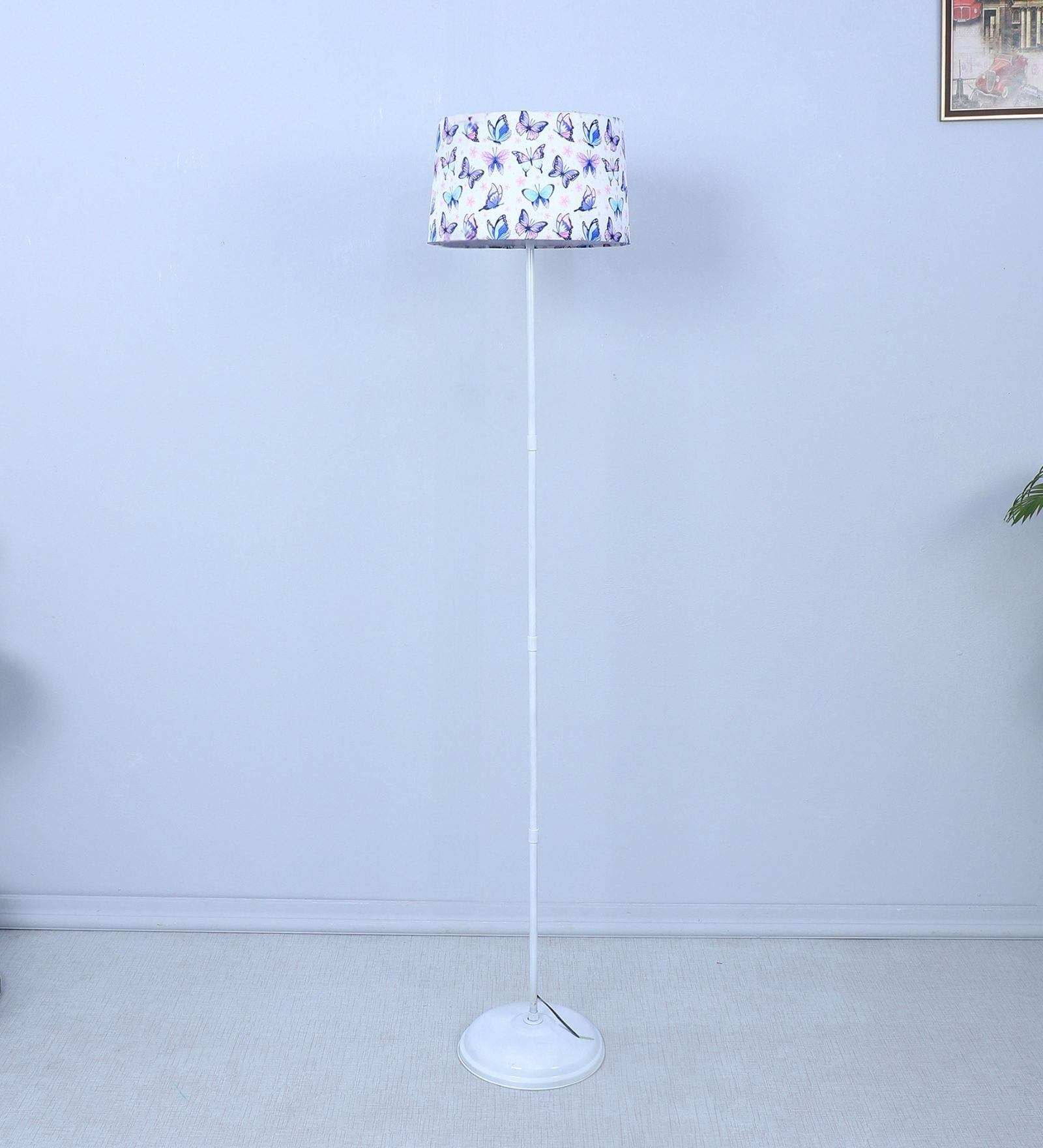White Metal-Iron Base Foldable Floor Lamps Butterfly Print Satin Shade