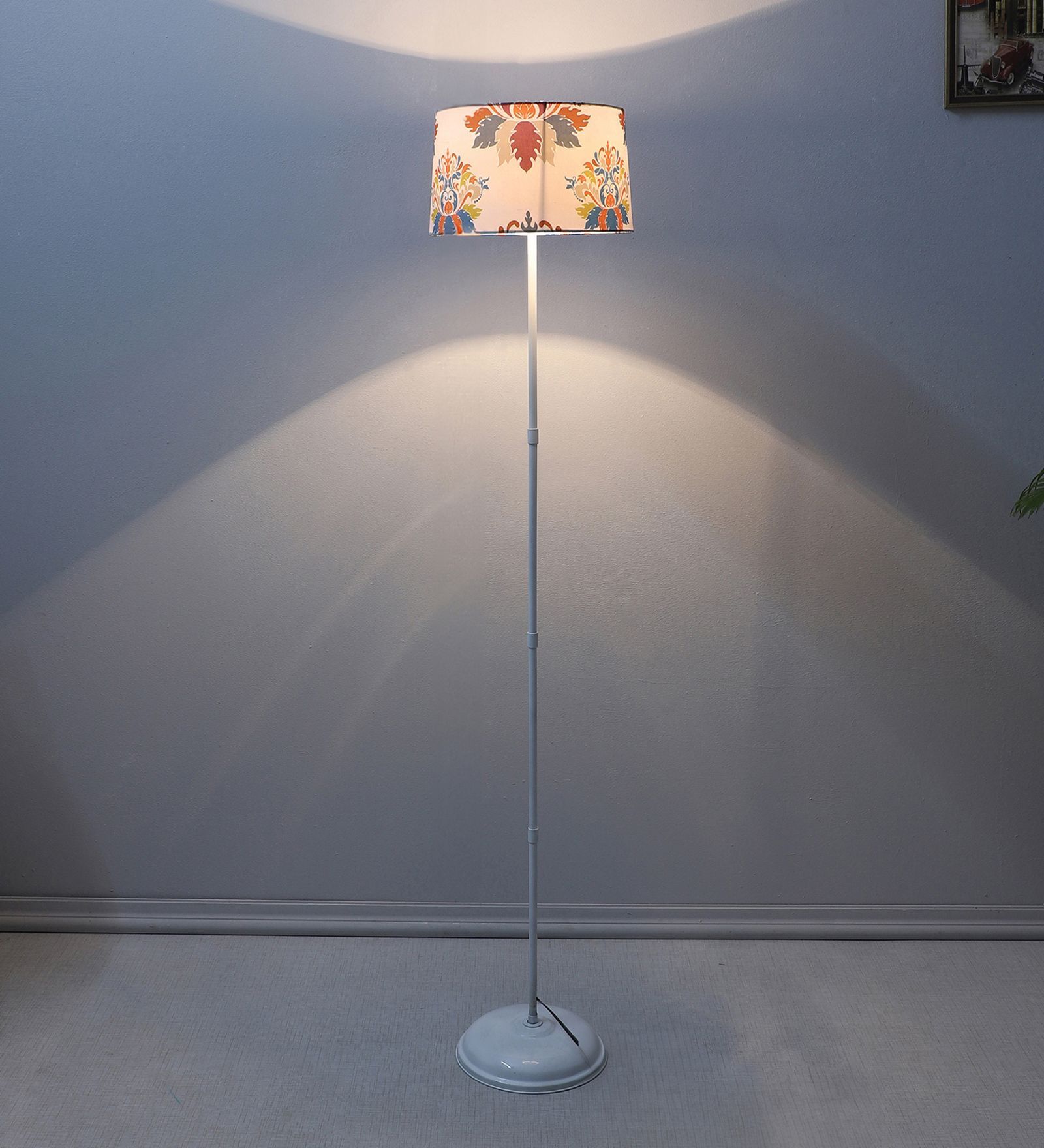 White Metal-Iron Base Foldable Floor Lamps English Oak Print Satin Shade