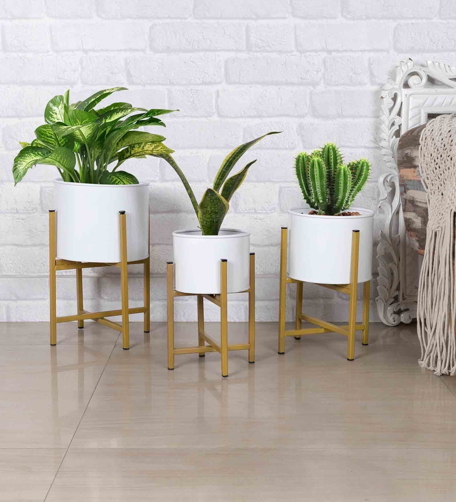 Buy Mid Century Corner (Set of 3) White Metal Planter Stand with Pots ...