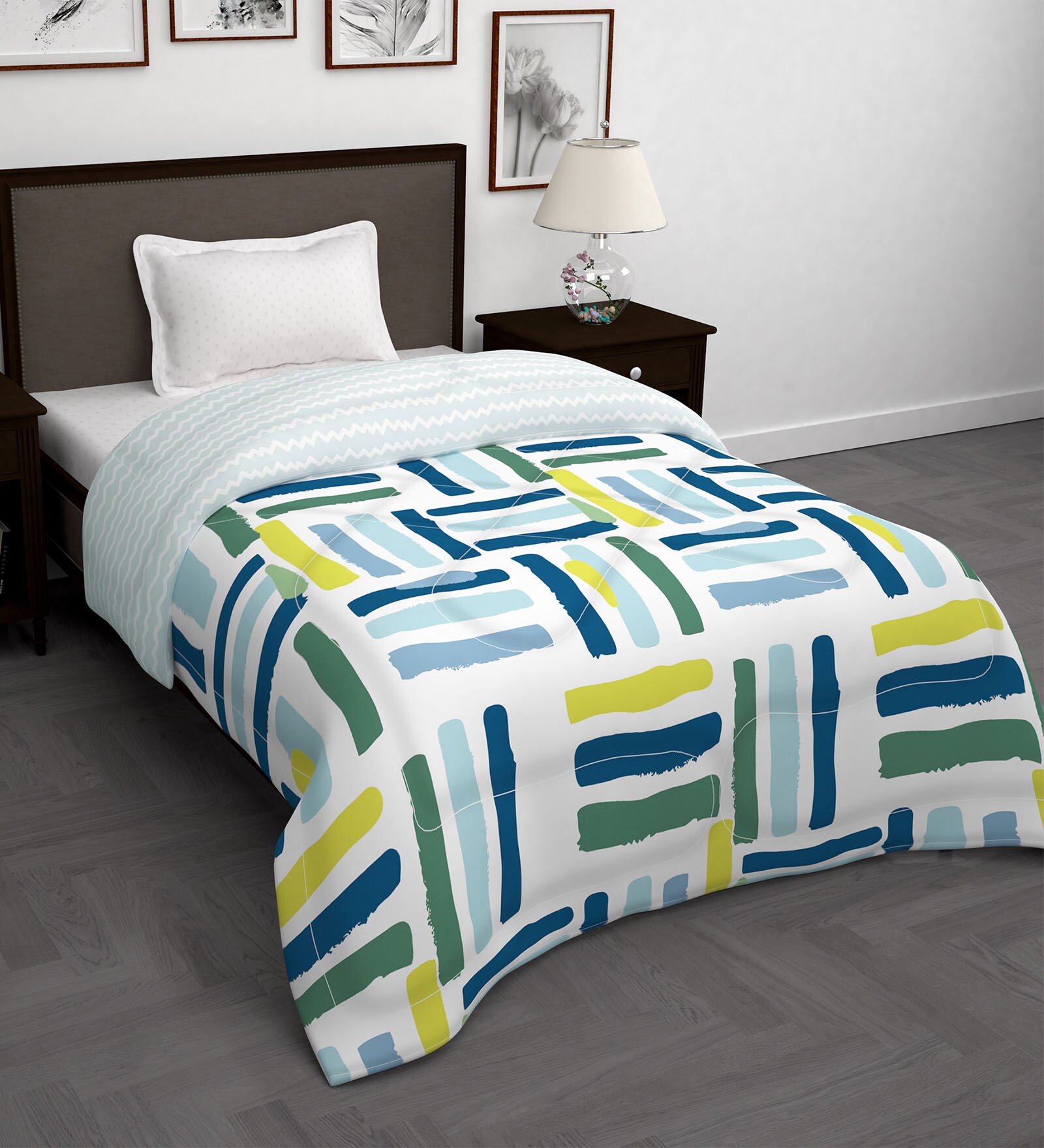 Buy White Microfiber Abstract 180 GSM Fusion Reversible Single