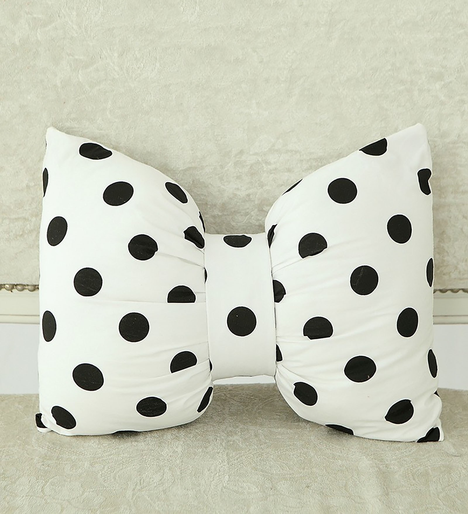 White Microfiber and Polyester 12 x 16 inch Polka Dots Bow Shaped Cushion