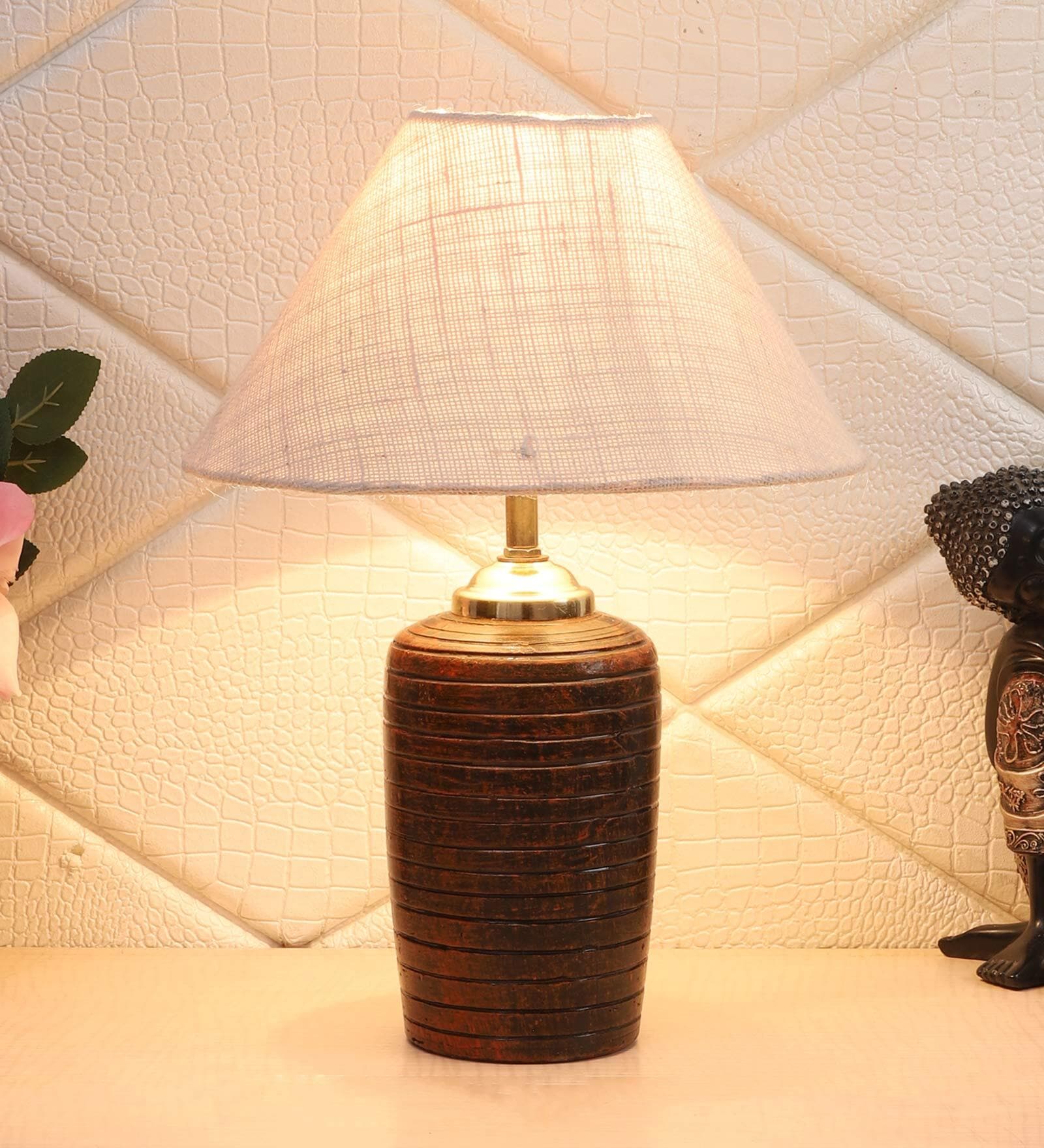 White Natural Fiber Shade Table Lamp With Brown Terracotta Base