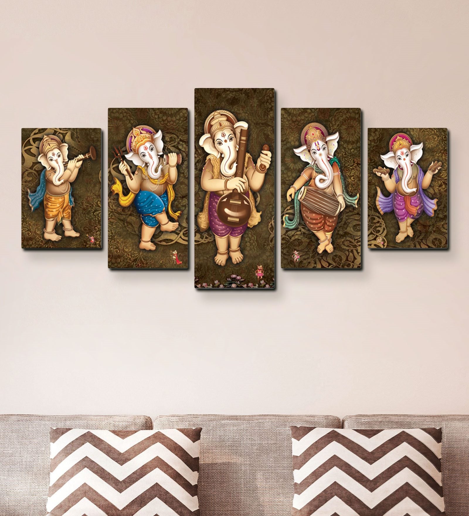 Buy White Pinewood White Wood Framed Spiritual Art Panel Set of 5 at 9