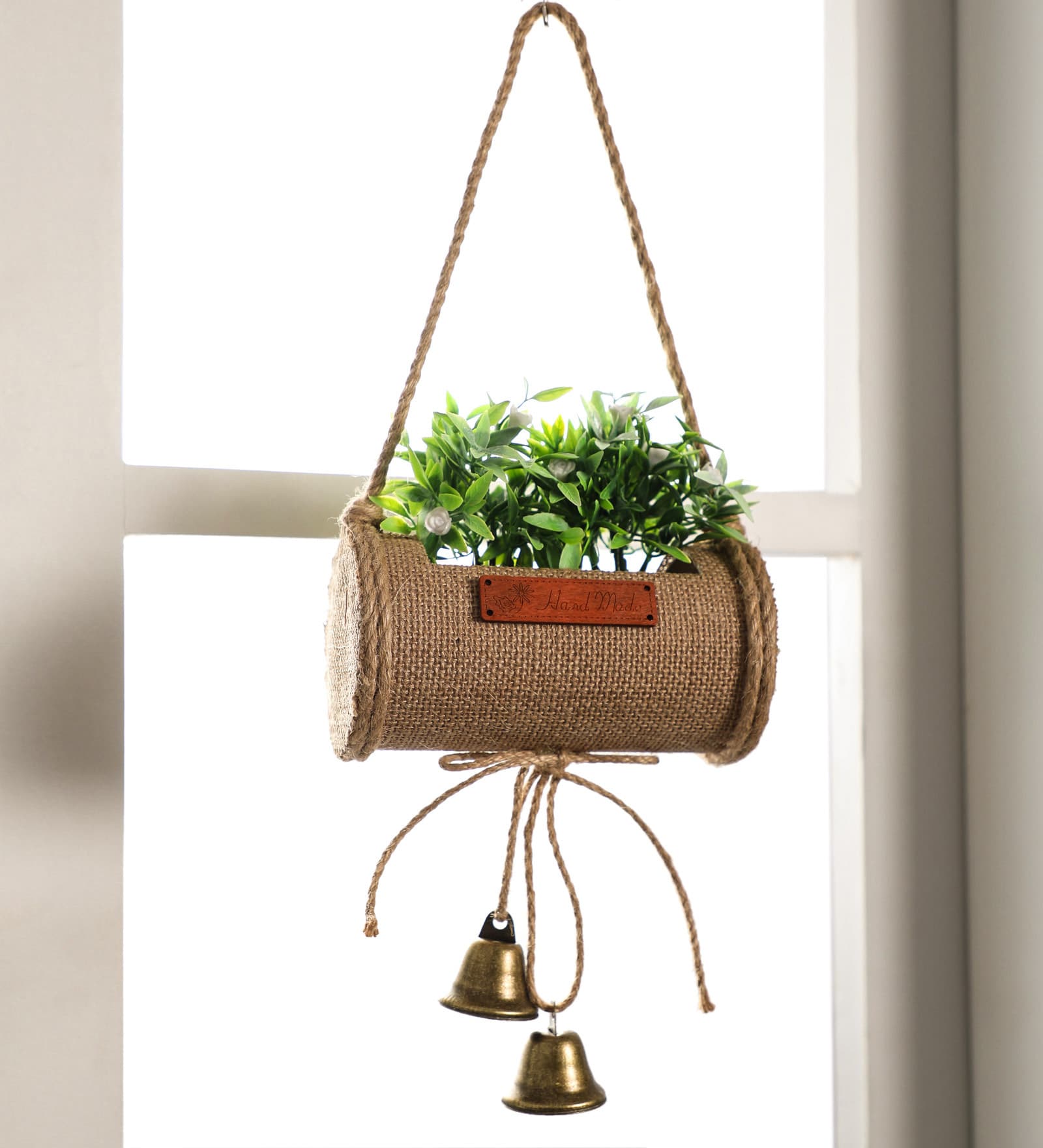 White Plastic Artificial Bonsai in Jute Duffle with Bells