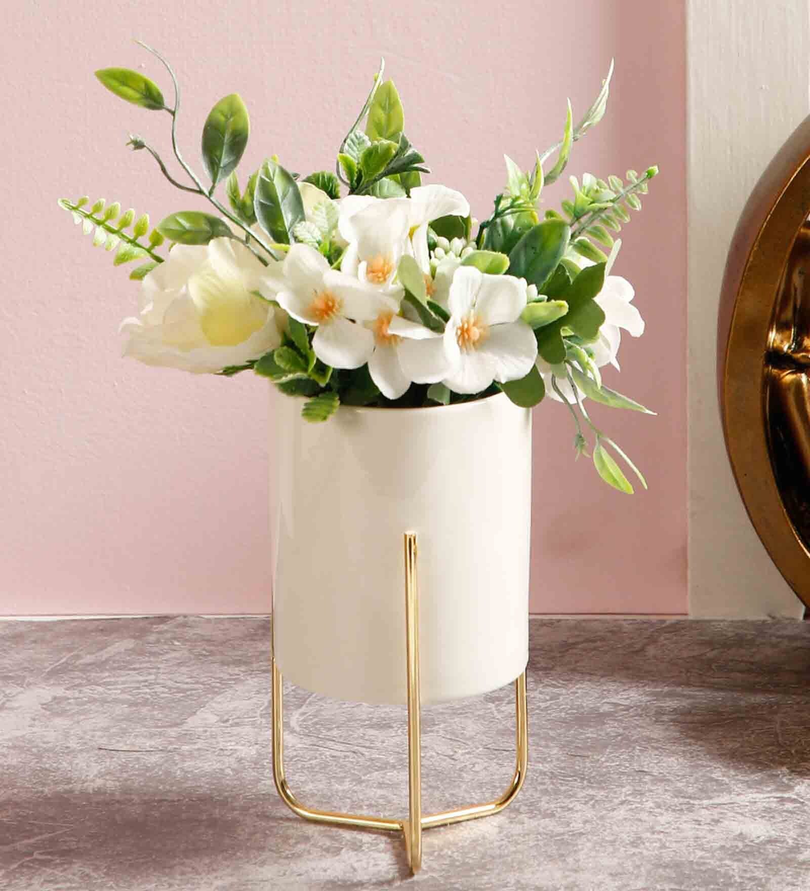 White Plastic Artificial Plant With Ceramic Pot And Golden Iron Stand