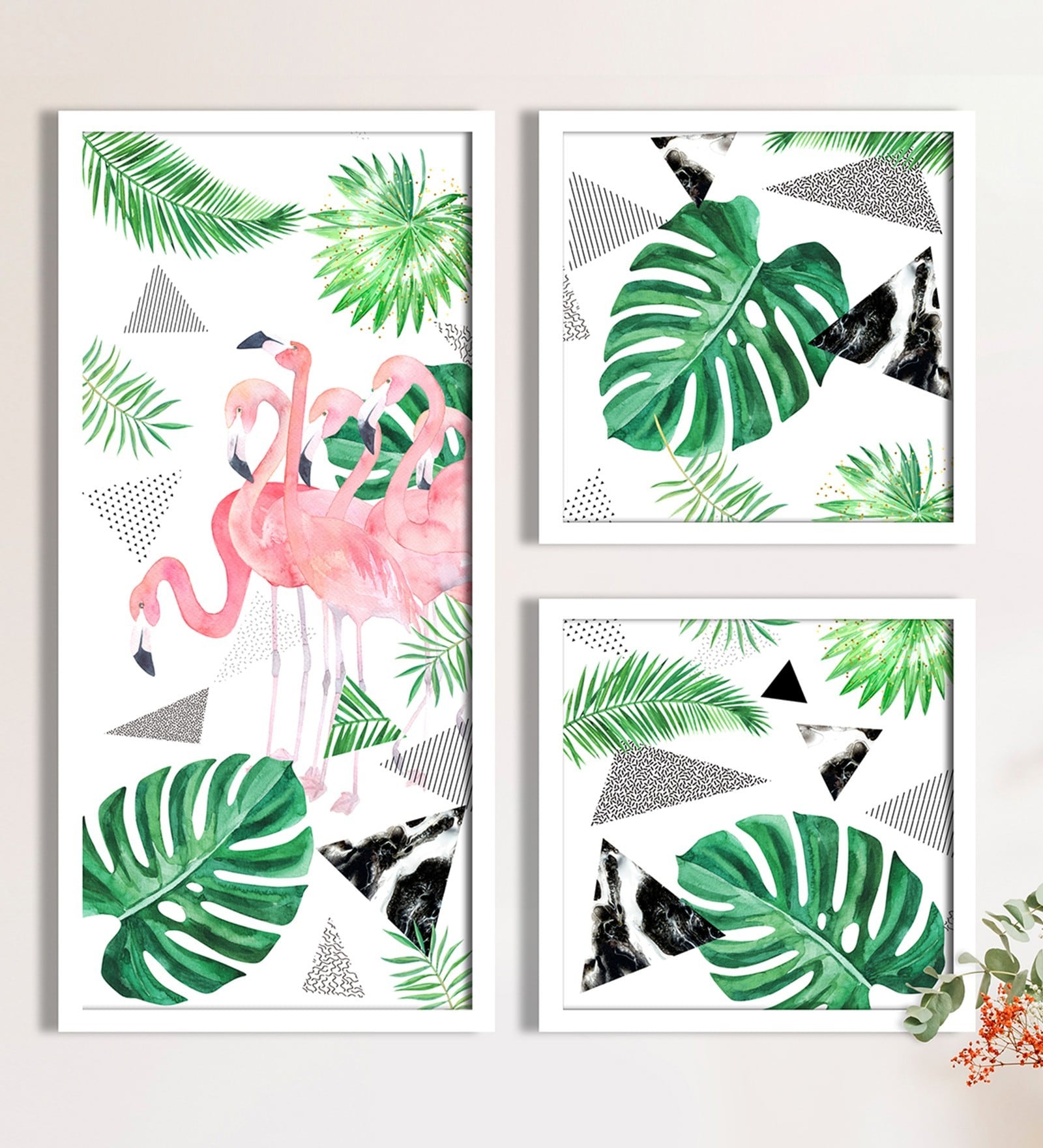 Flamingo & Leaf White Plastic Framed Art Print Pack of 3 