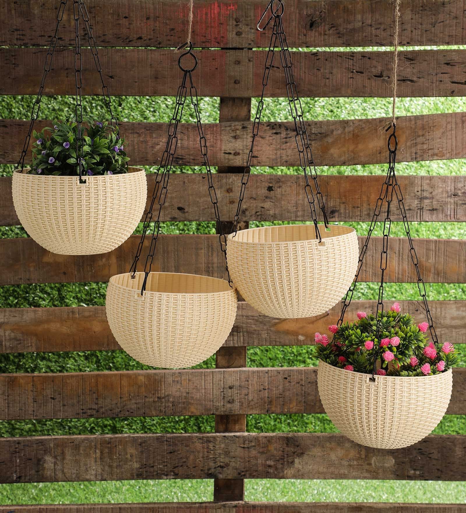 Buy White Plastic Garden Essential Hanging Planter with Elegant Wicker