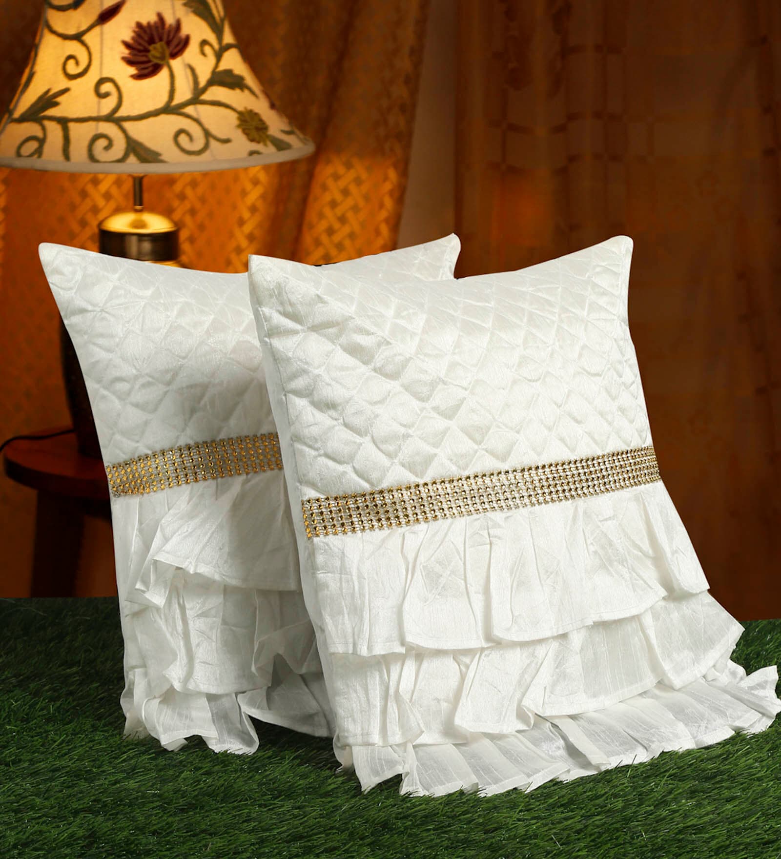 White Textured Poly Satin 16 x 16 Inches Cushion Covers (Set of 2)